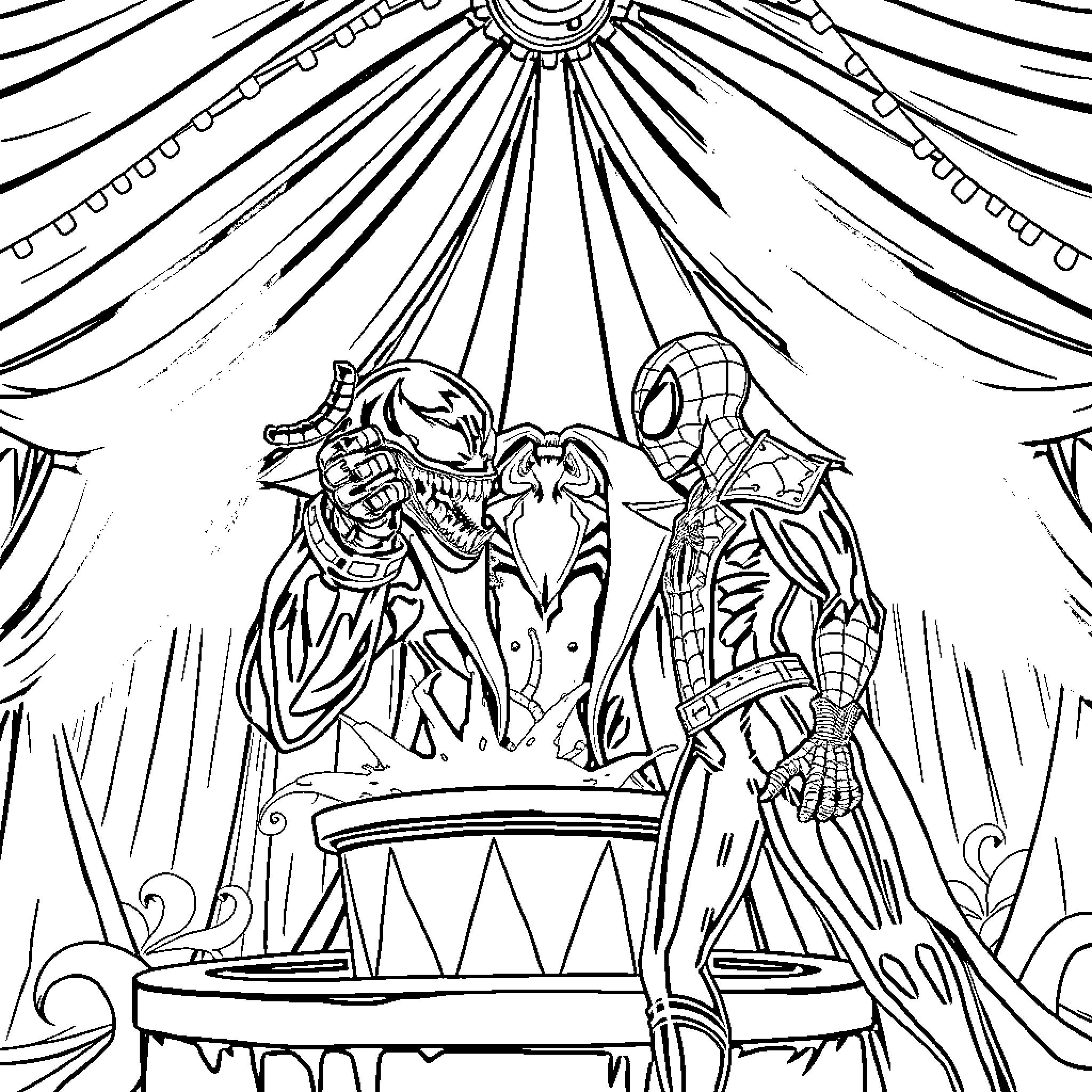 Magician performing tricks on a stage with curtains Coloring Page (free black-and-white line drawing printable PDF for all, from beginners to advanced learners, including children, teens, adults, and seniors)