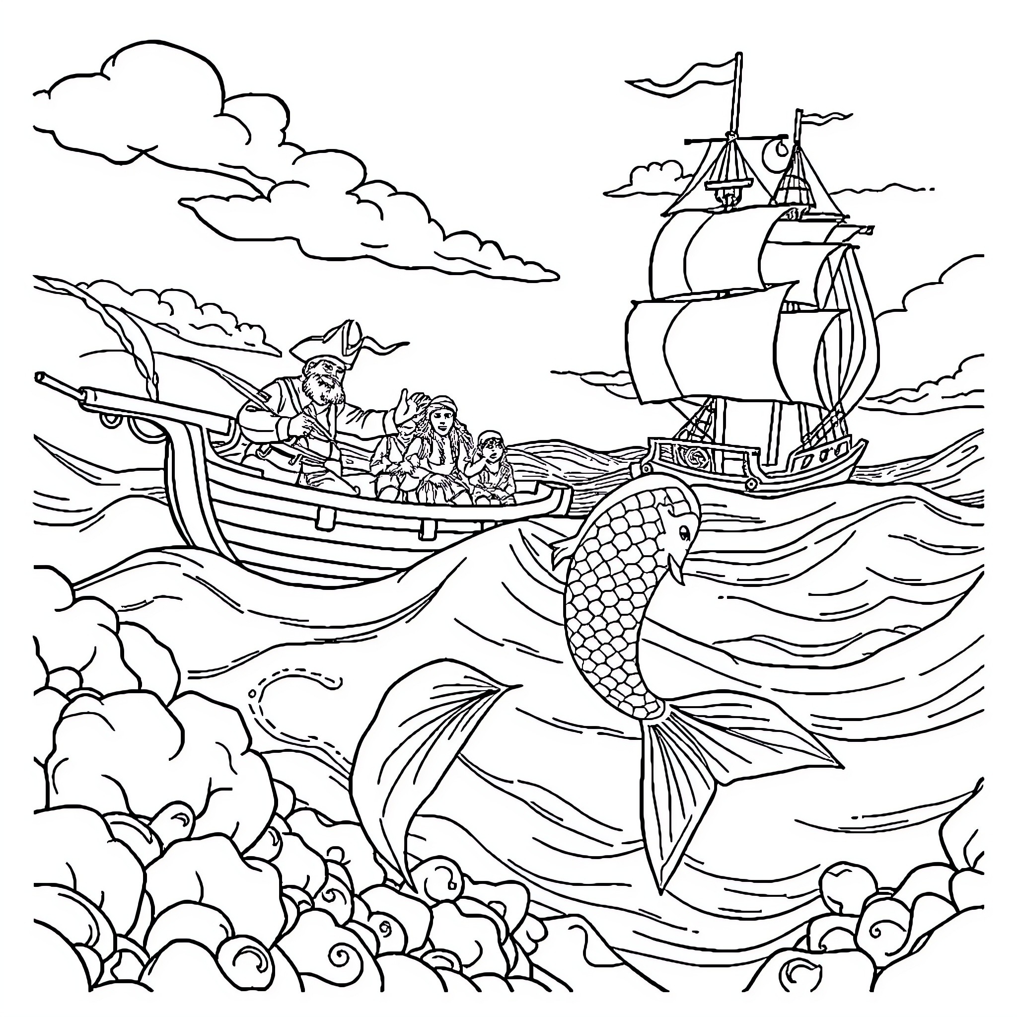 Mermaid and ship sailing on the high seas Coloring Page (free black-and-white line drawing printable PDF for all, from beginners to advanced learners, including children, teens, adults, and seniors)