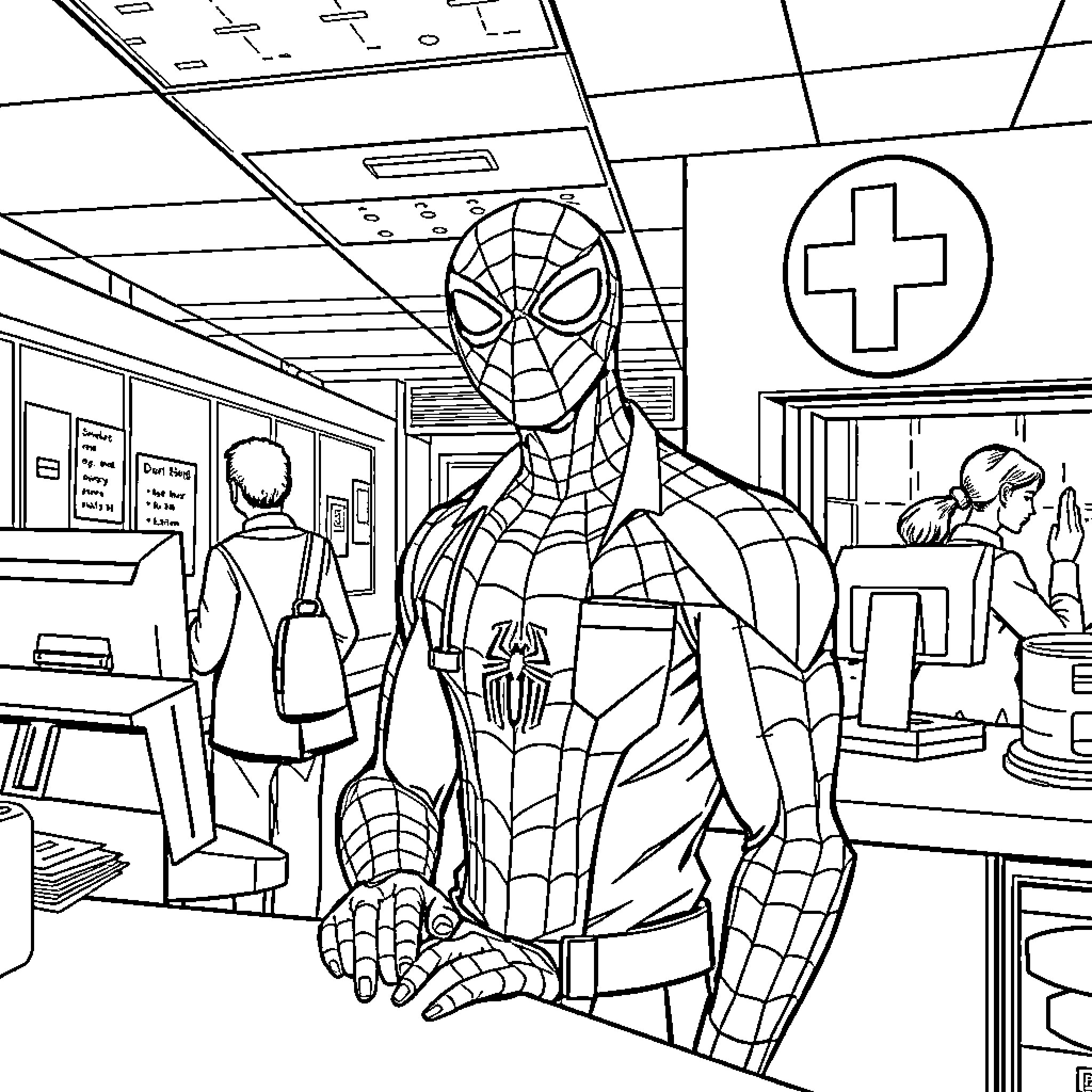 Spider-Man in Hospital Heroic Pose Coloring Page (free black-and-white line drawing printable PDF for all, from beginners to advanced learners, including children, teens, adults, and seniors)