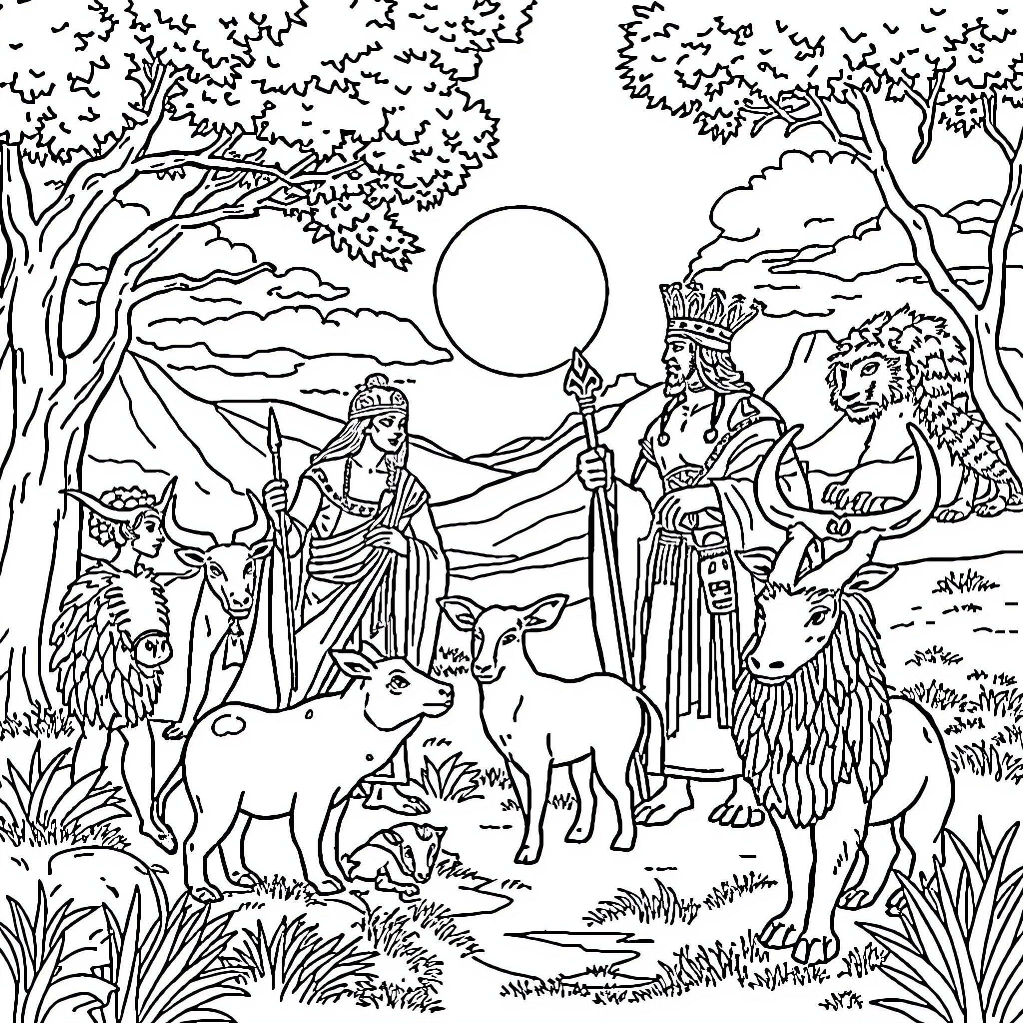 Roi's Regal Reign in the Enchanted Forest Coloring Page (free black-and-white line drawing printable PDF for all, from beginners to advanced learners, including children, teens, adults, and seniors)