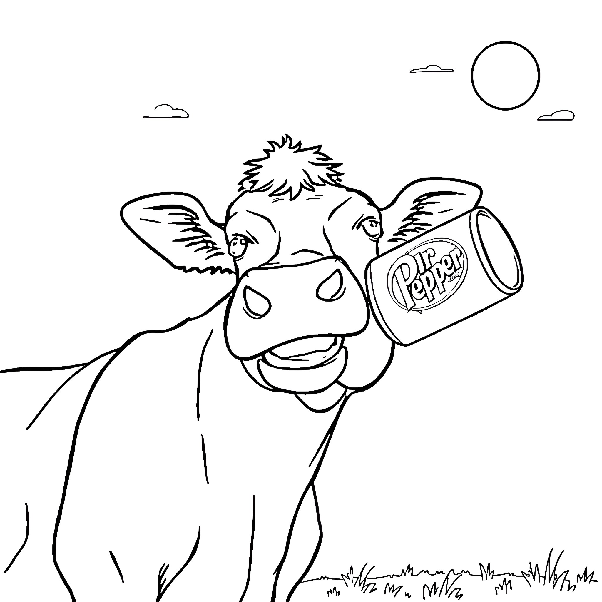 Cow drinking Pepsi in the countryside Coloring Page (free black-and-white line drawing printable PDF for all, from beginners to advanced learners, including children, teens, adults, and seniors)