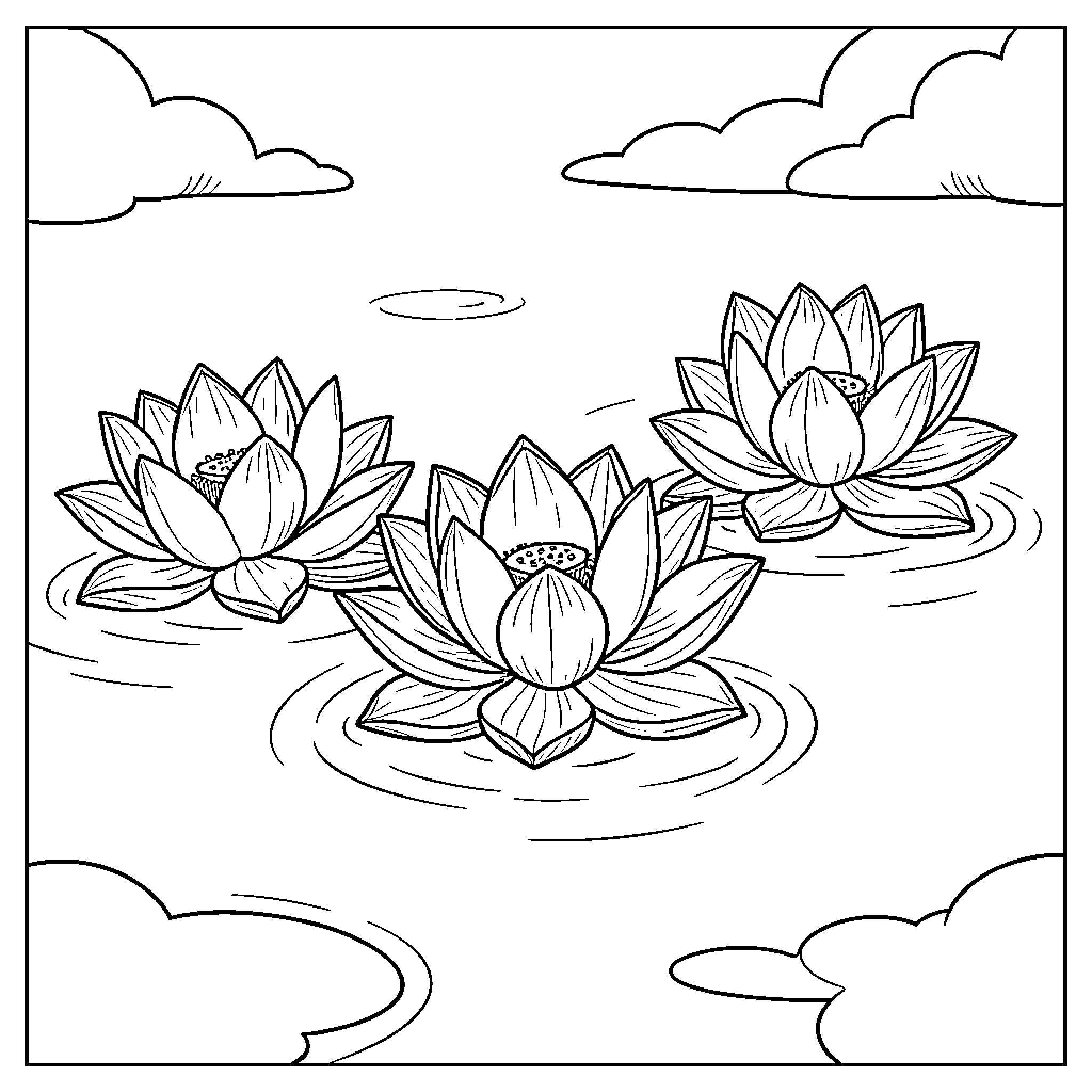 Lotus flowers floating peacefully on a calm pond Coloring Page (free black-and-white line drawing printable PDF for all, from beginners to advanced learners, including children, teens, adults, and seniors)