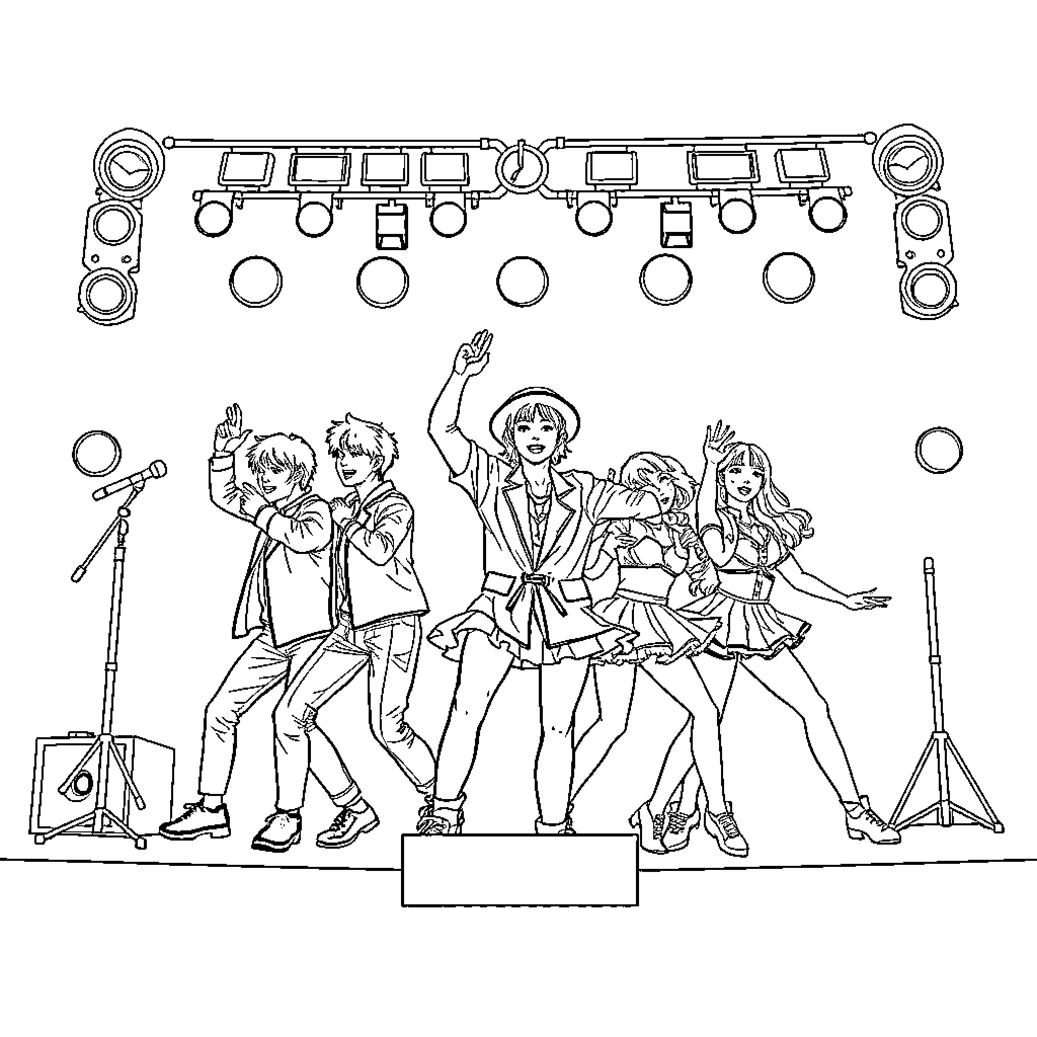 Kpop Performers on Stage with Microphones Coloring Page (free black-and-white line drawing printable PDF for all, from beginners to advanced learners, including children, teens, adults, and seniors)