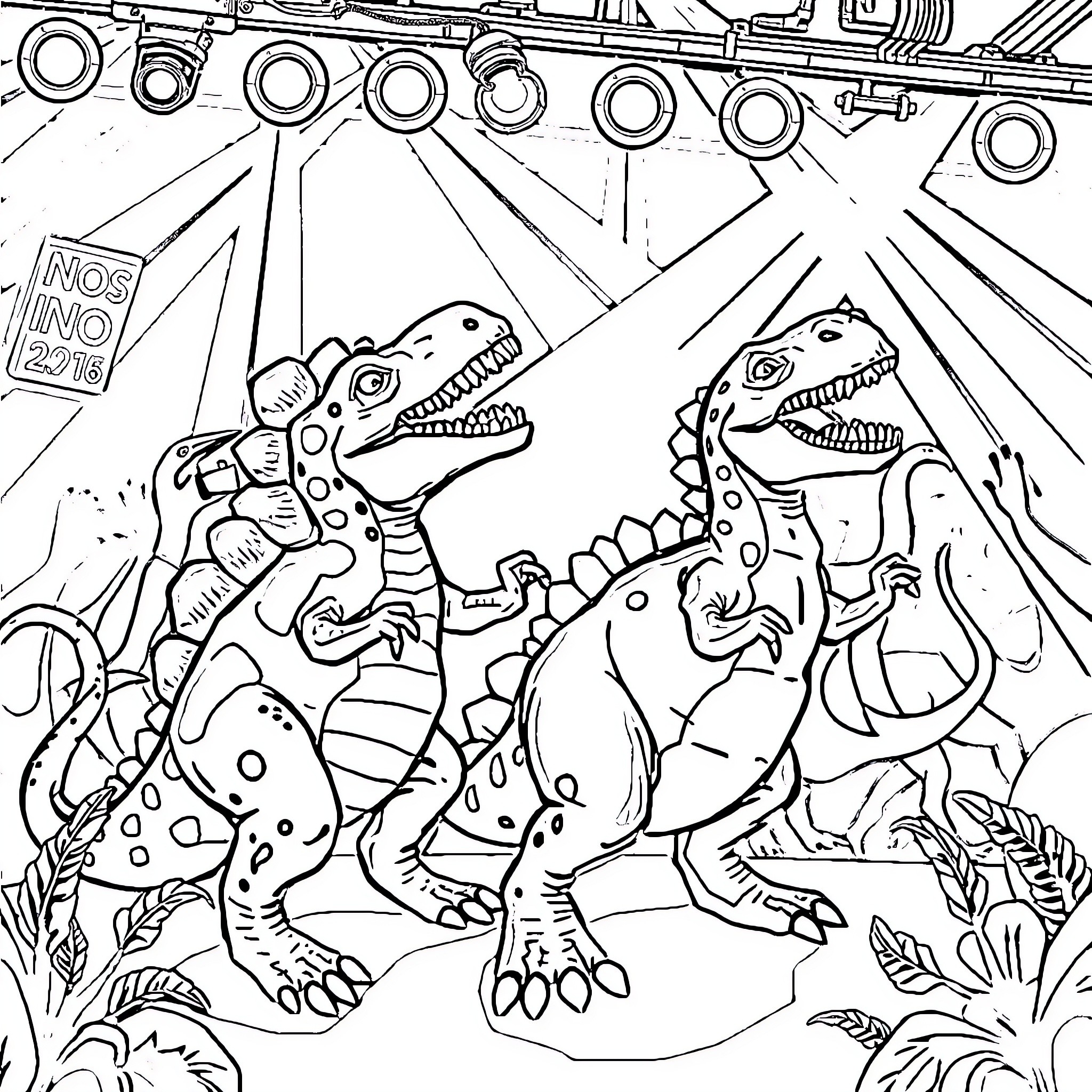 Dinosaur Creatures Interacting in a Prehistoric Scene Coloring Page (free black-and-white line drawing printable PDF for all, from beginners to advanced learners, including children, teens, adults, and seniors)