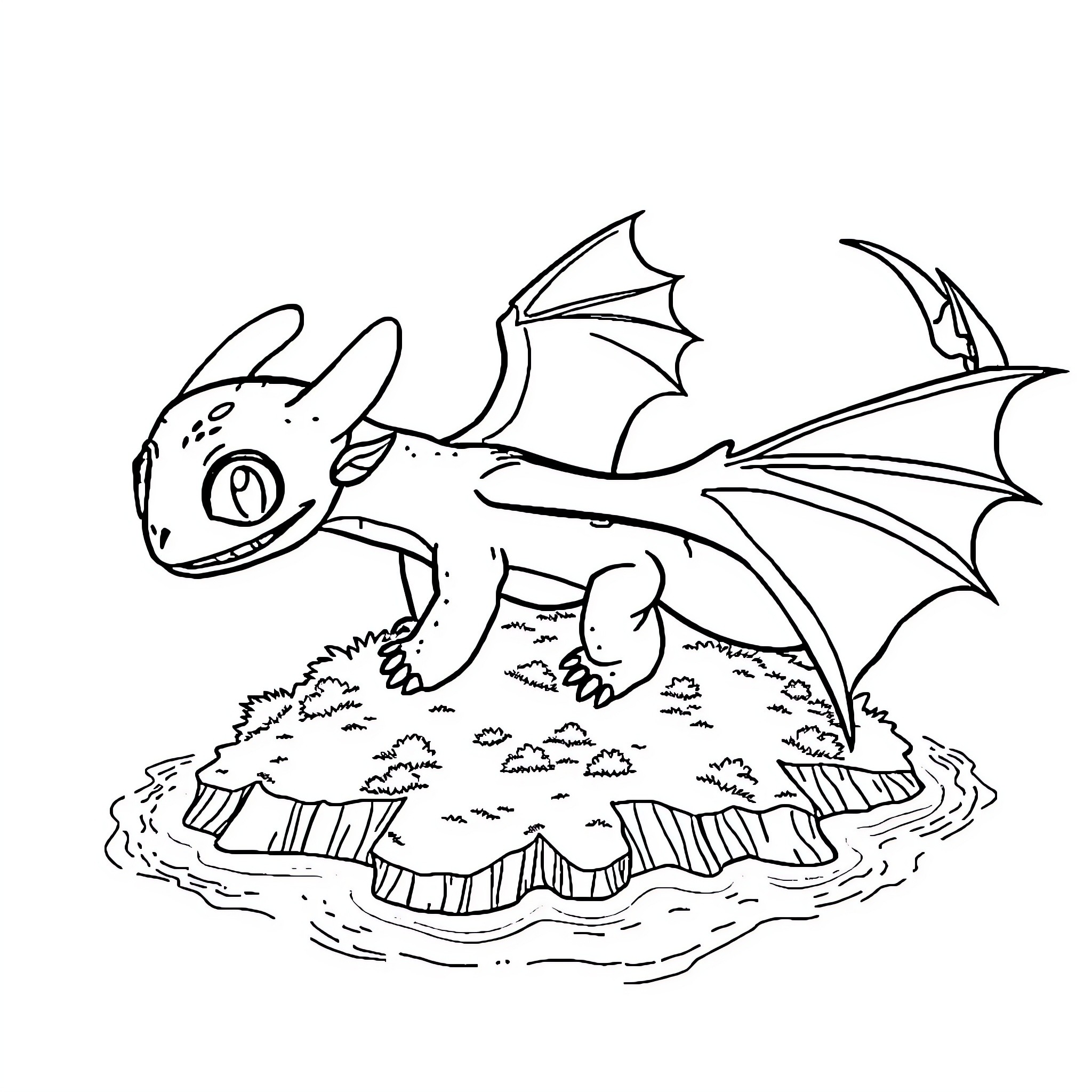 Dragon taking flight from rocky terrain Coloring Page (free black-and-white line drawing printable PDF for all, from beginners to advanced learners, including children, teens, adults, and seniors)