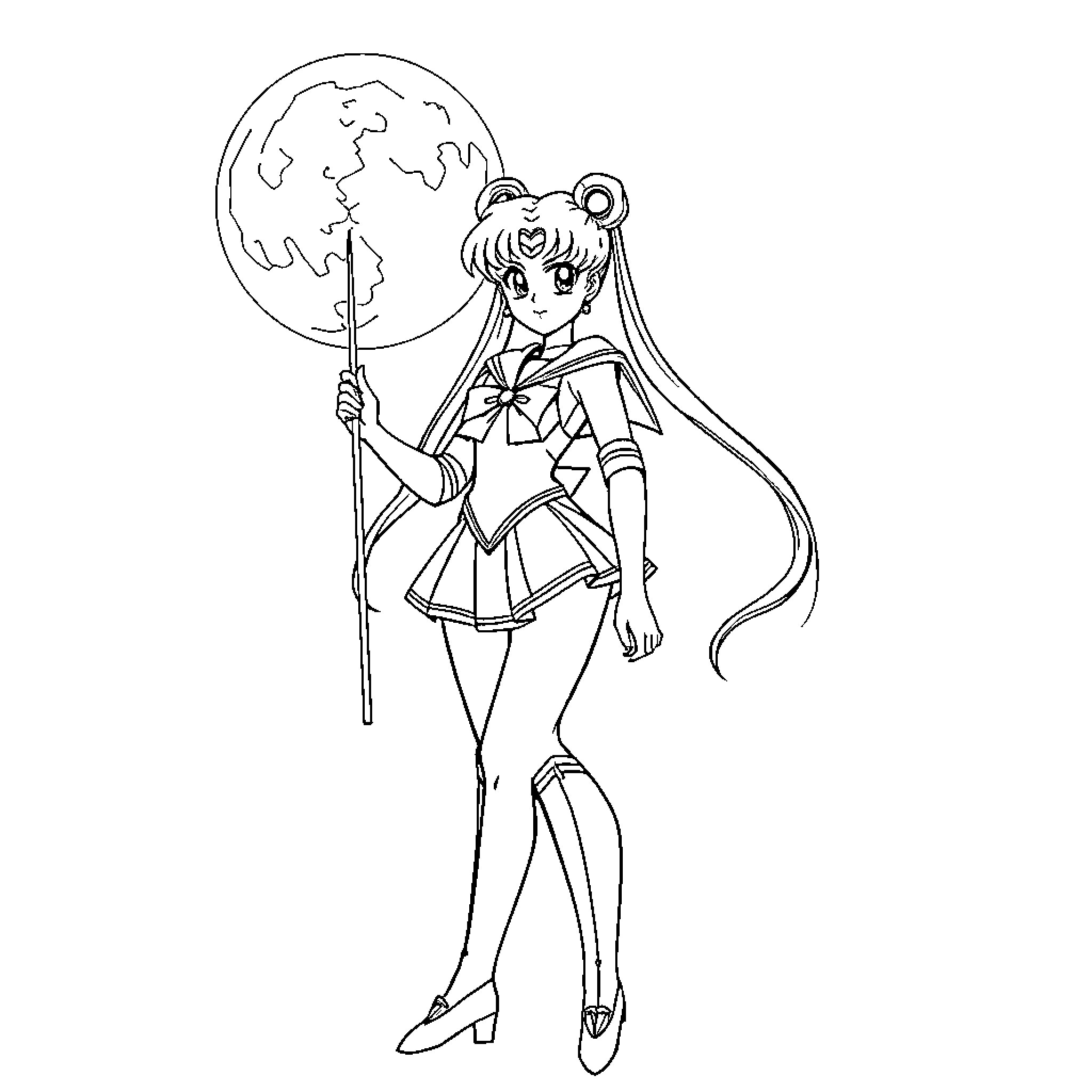 Sailor Moon poses with Crescent Moon Staff Coloring Page (free black-and-white line drawing printable PDF for all, from beginners to advanced learners, including children, teens, adults, and seniors)