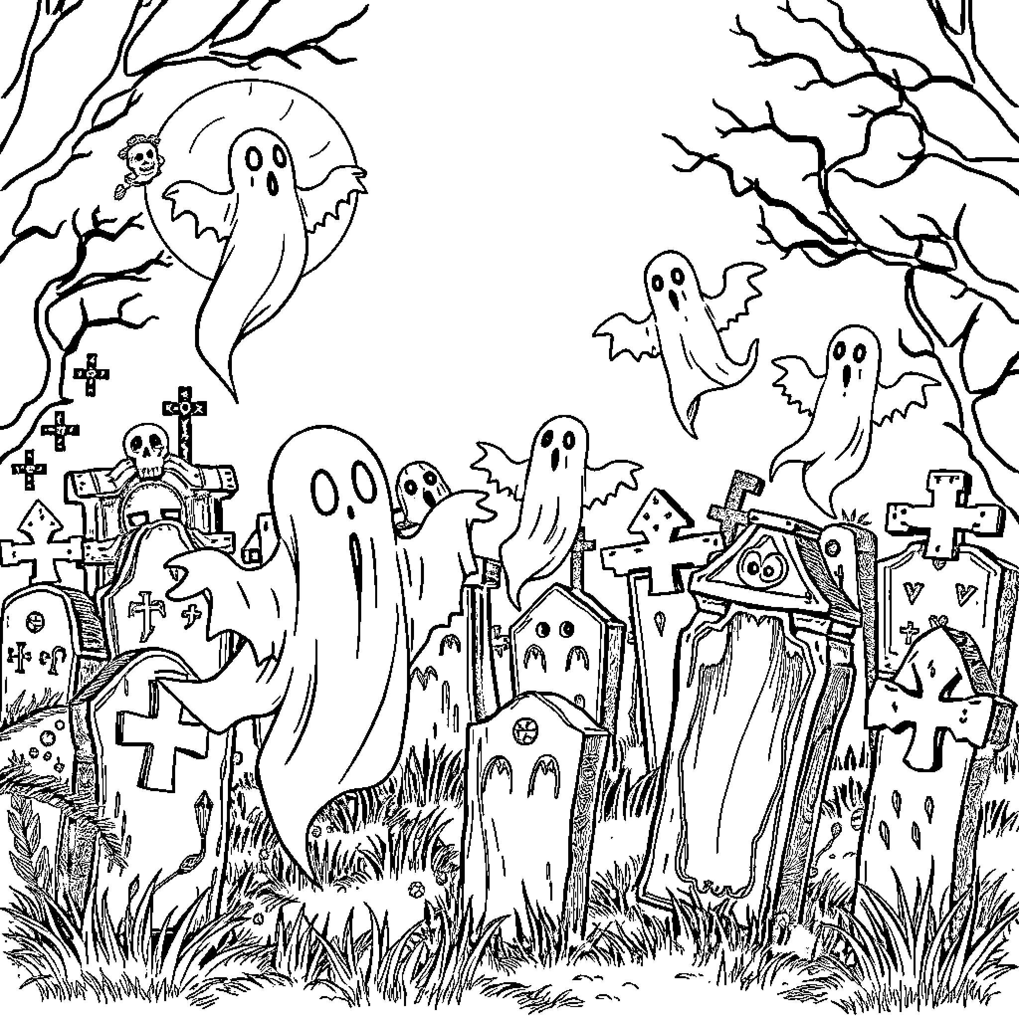 Ghost spirits haunting a graveyard on Halloween Coloring Page (free black-and-white line drawing printable PDF for all, from beginners to advanced learners, including children, teens, adults, and seniors)
