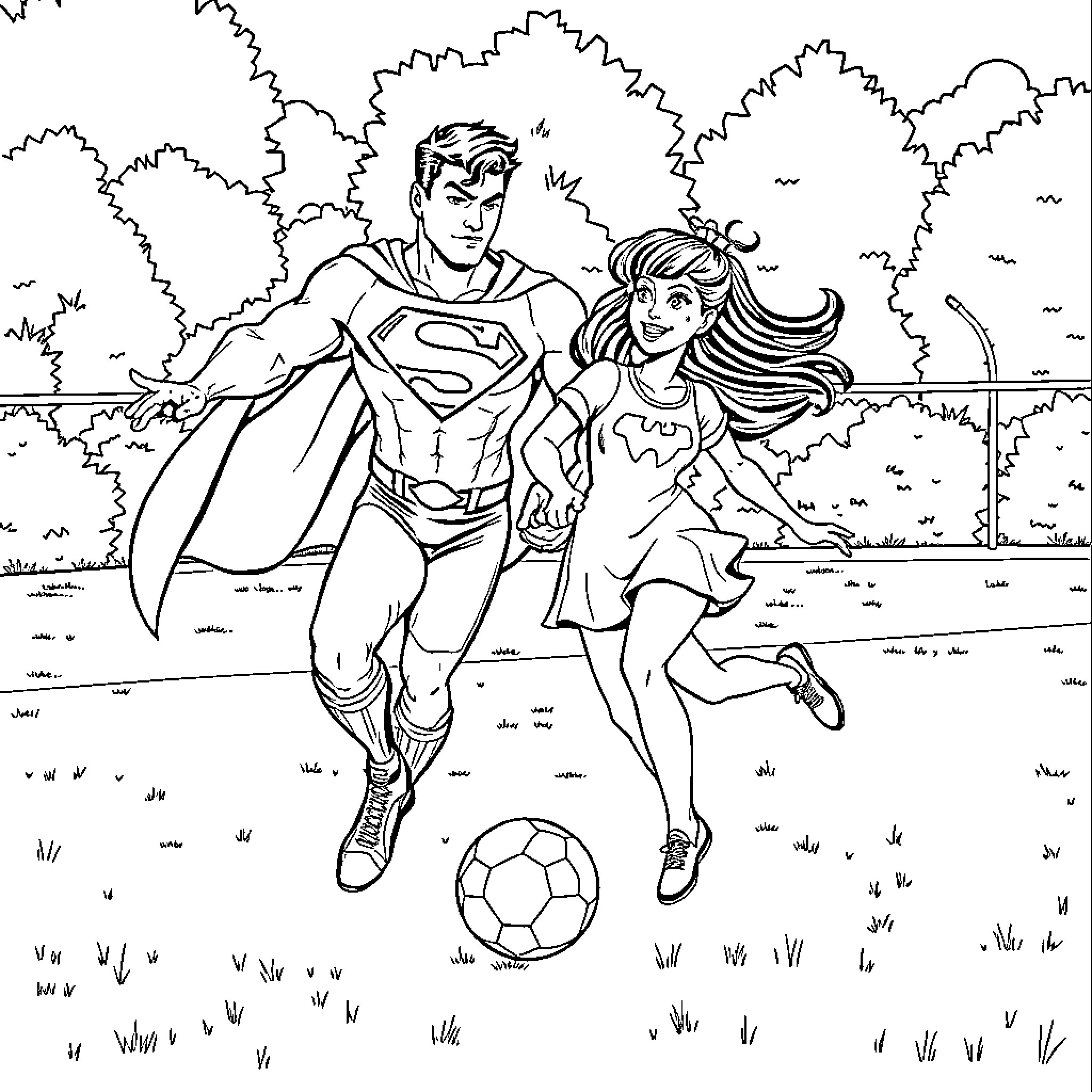 Superman and female companion playing football in park Coloring Page (free black-and-white line drawing printable PDF for all, from beginners to advanced learners, including children, teens, adults, and seniors)