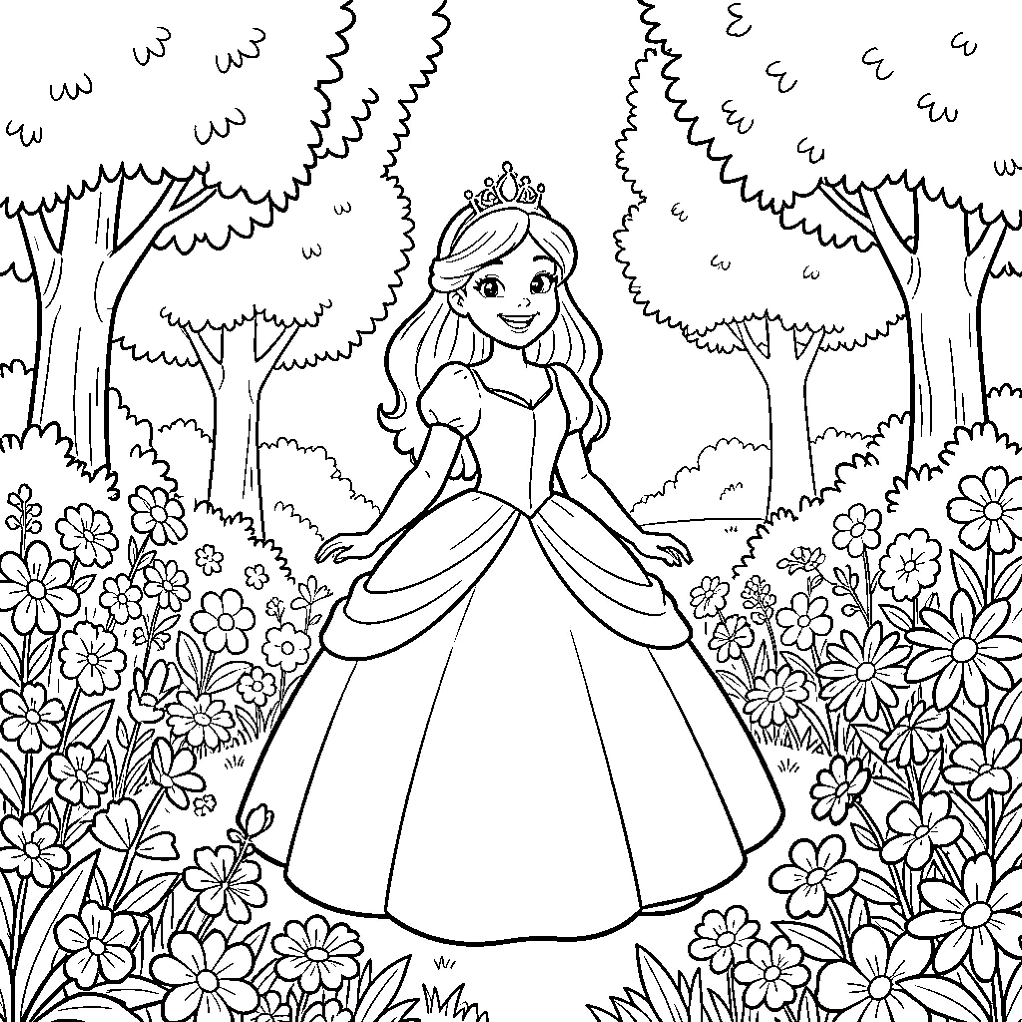 Disney Princess in a Vibrant Floral Garden Coloring Page (free black-and-white line drawing printable PDF for all, from beginners to advanced learners, including children, teens, adults, and seniors)