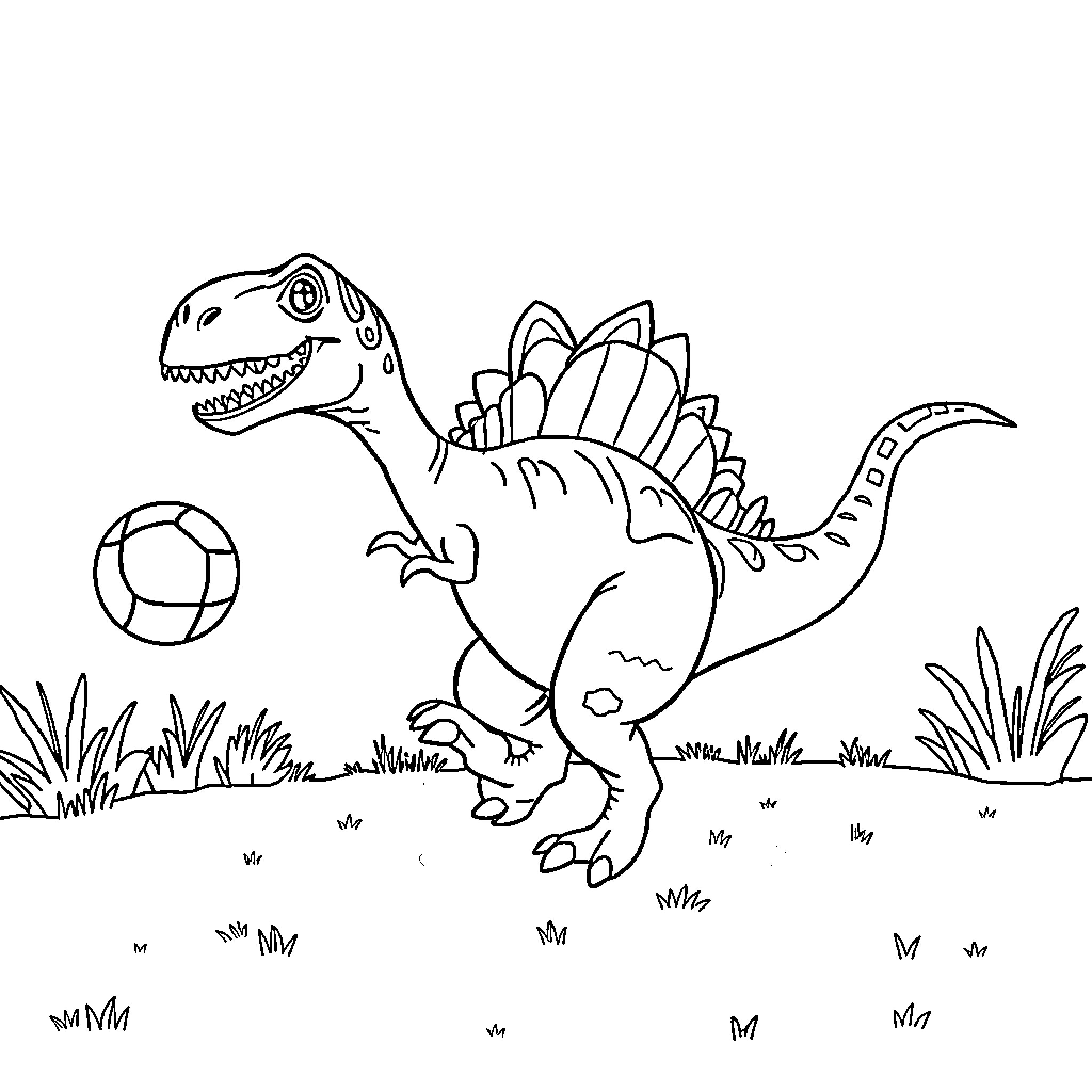 Dinosaur playing with ball in the park Coloring Page (free black-and-white line drawing printable PDF for all, from beginners to advanced learners, including children, teens, adults, and seniors)