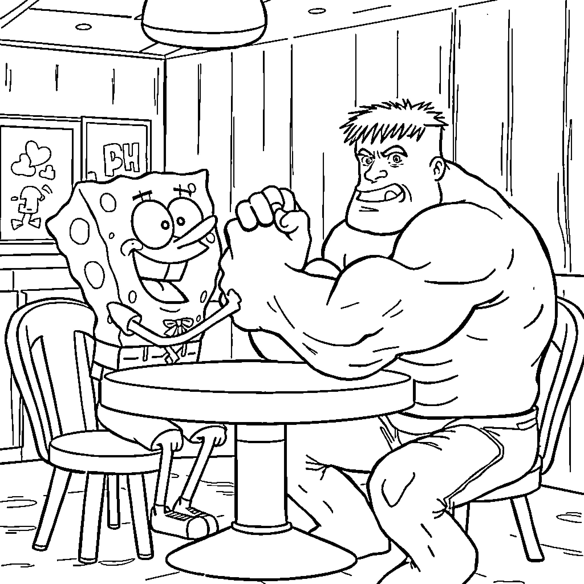 Hulk Plays Card Games with Silly Cartoon Character Coloring Page (free black-and-white line drawing printable PDF for all, from beginners to advanced learners, including children, teens, adults, and seniors)