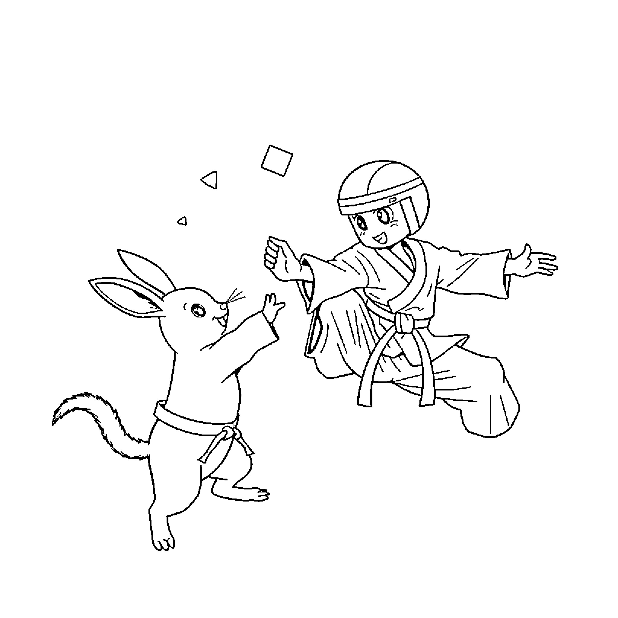 Conejo chasing a person in traditional outfit Coloring Page (free black-and-white line drawing printable PDF for all, from beginners to advanced learners, including children, teens, adults, and seniors)