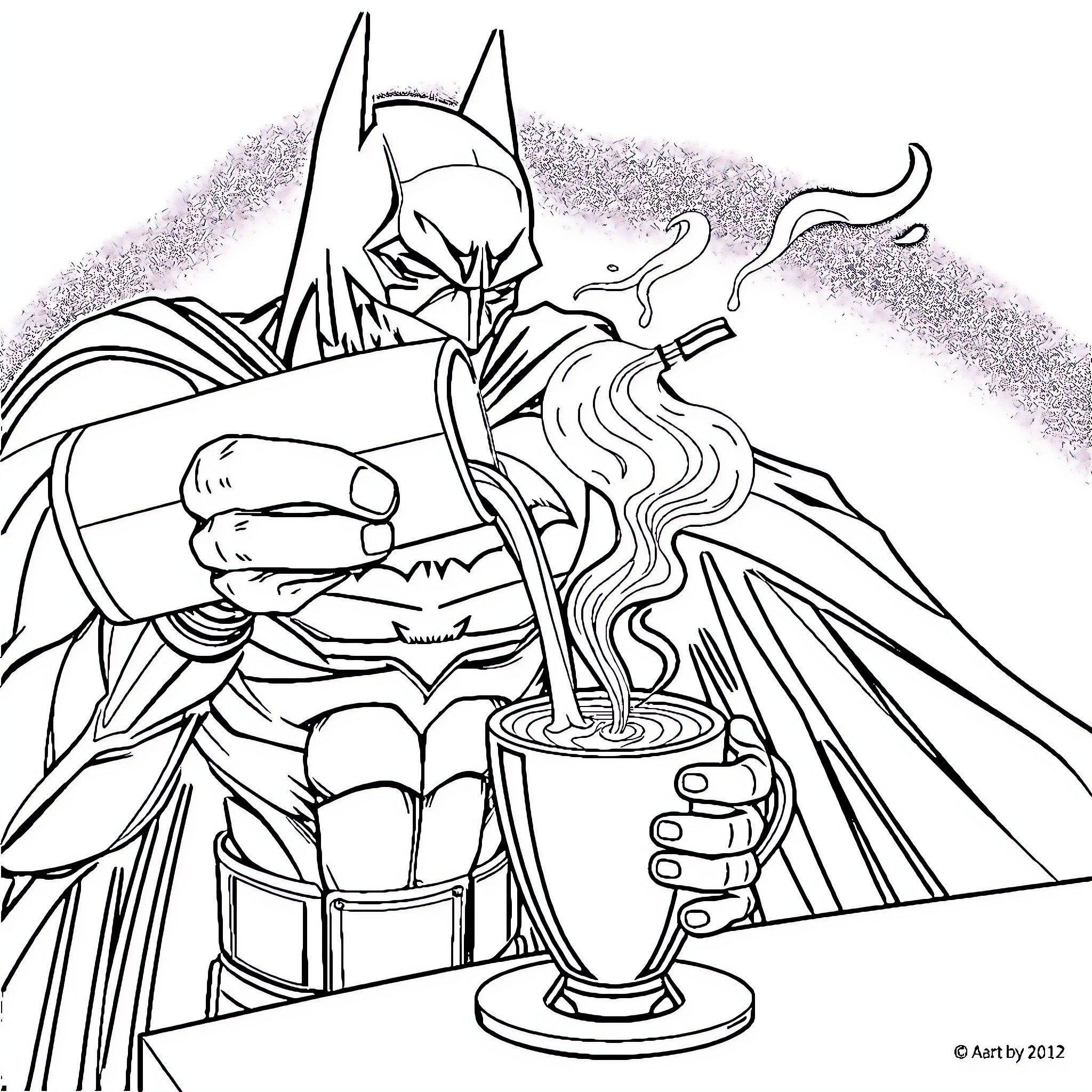 Batman enjoying a hot beverage in dramatic pose Coloring Page (free black-and-white line drawing printable PDF for all, from beginners to advanced learners, including children, teens, adults, and seniors)