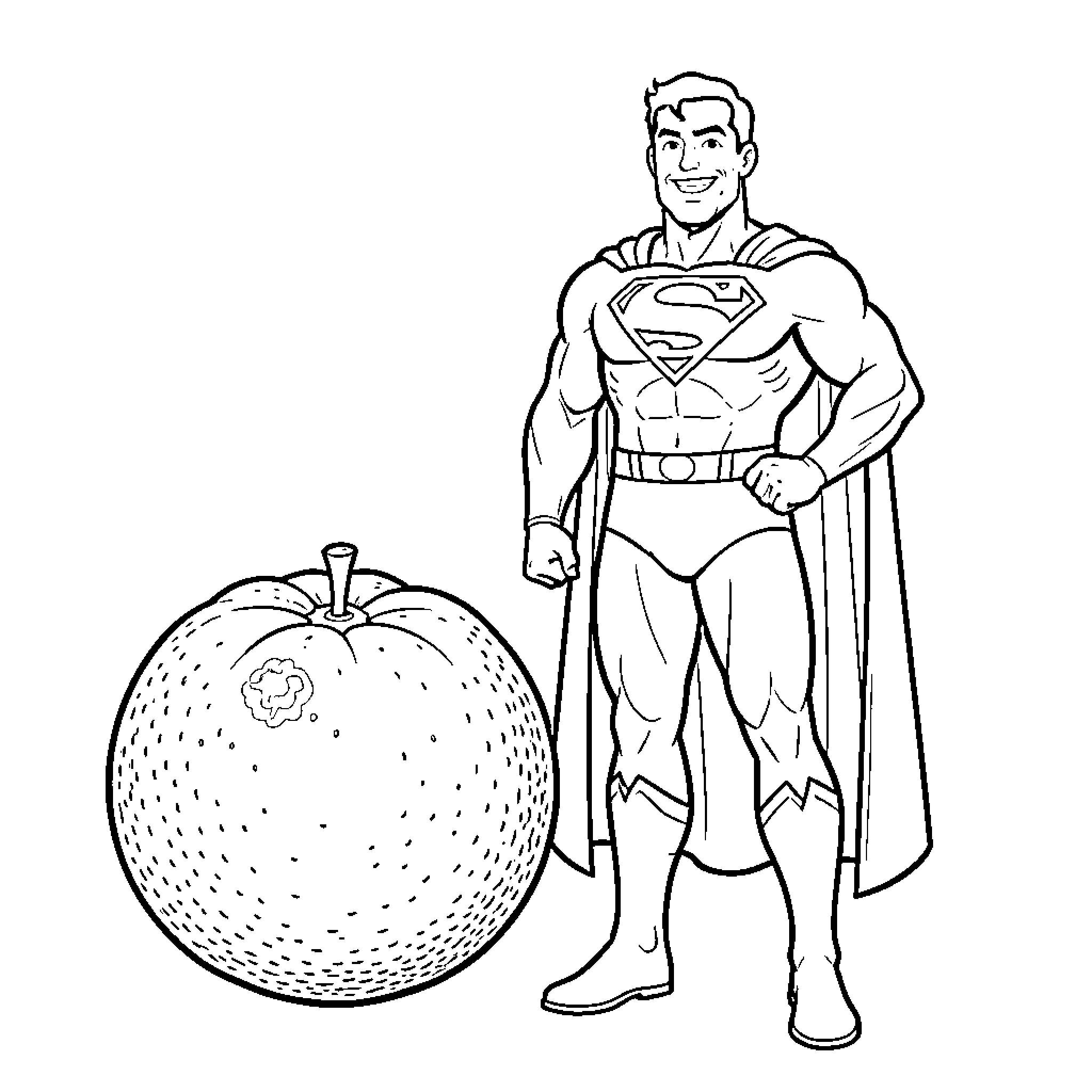 Tangerine superhero standing proudly next to a large fruit Coloring Page (free black-and-white line drawing printable PDF for all, from beginners to advanced learners, including children, teens, adults, and seniors)