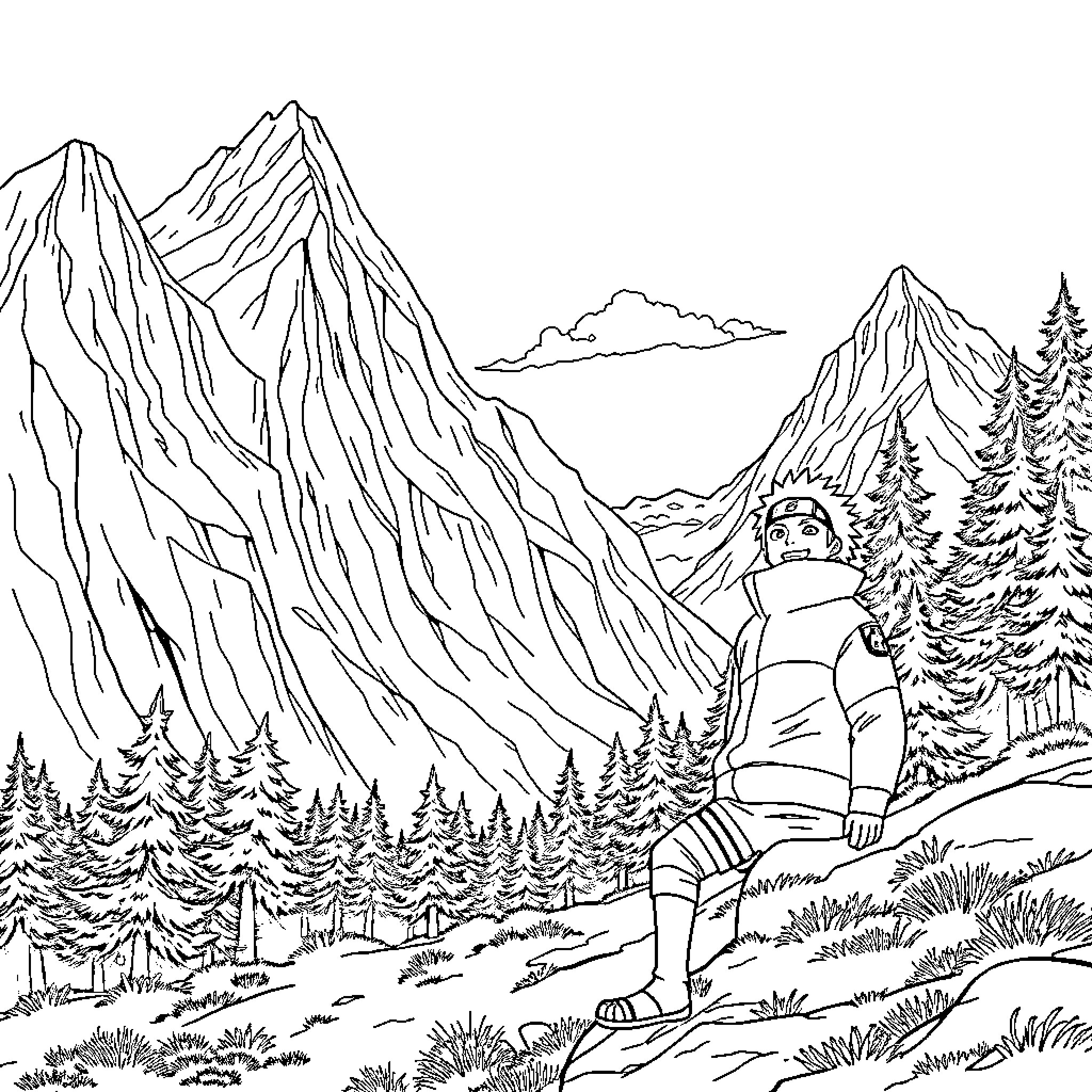 Naruto ninja exploring majestic mountain landscape Coloring Page (free black-and-white line drawing printable PDF for all, from beginners to advanced learners, including children, teens, adults, and seniors)