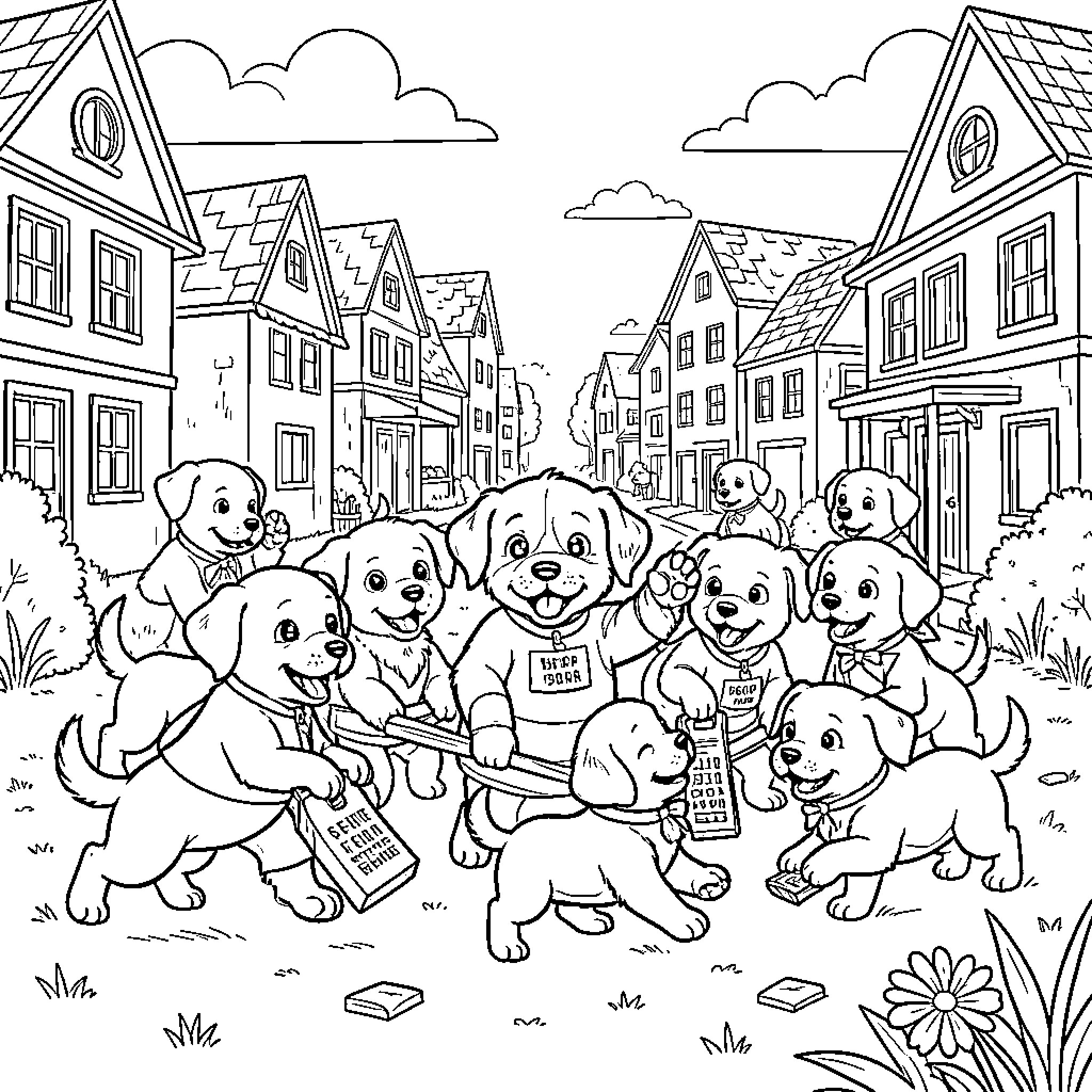 Paw Patrol pups walking happily through a town street Coloring Page (free black-and-white line drawing printable PDF for all, from beginners to advanced learners, including children, teens, adults, and seniors)