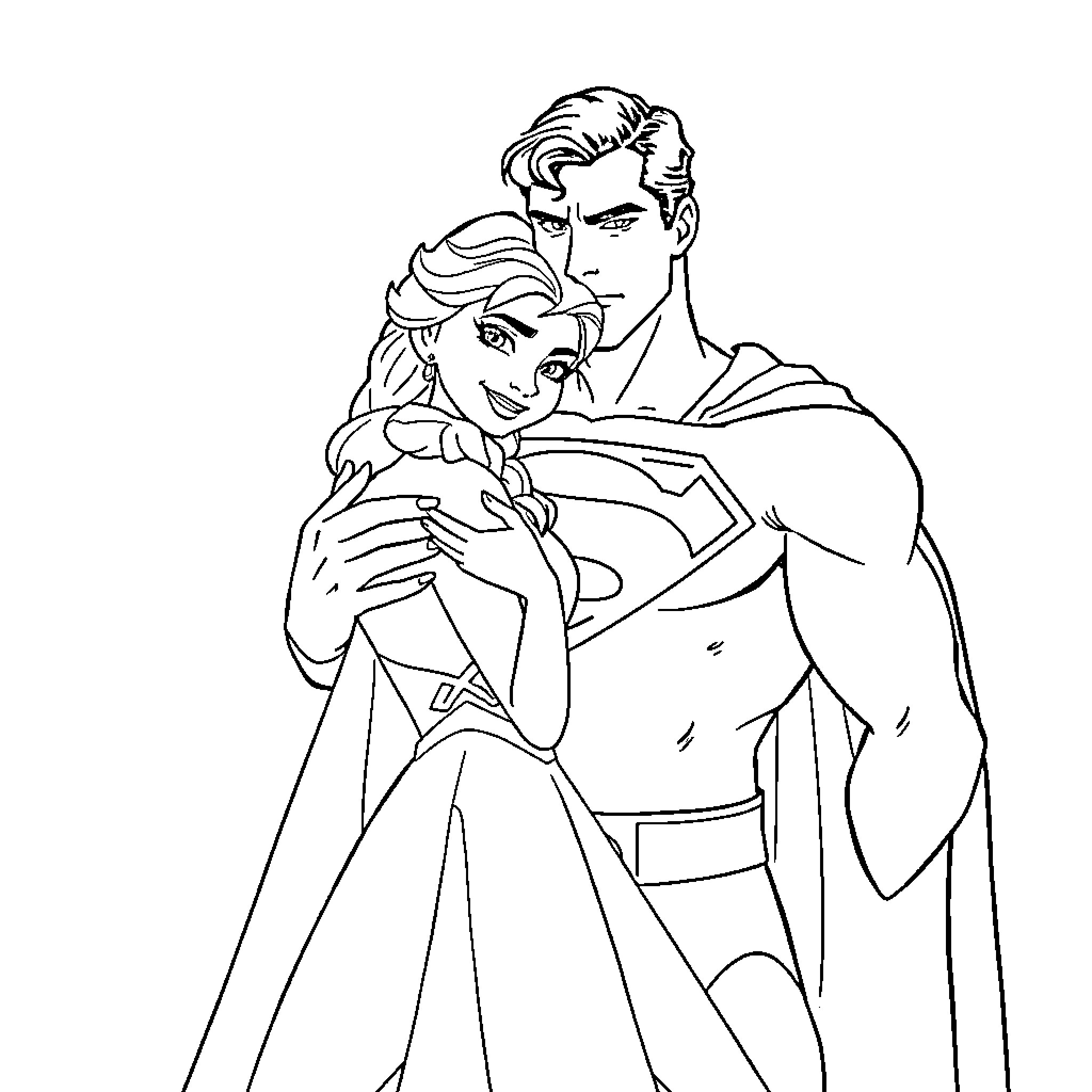 Elsa embracing Superman in romantic moment Coloring Page (free black-and-white line drawing printable PDF for all, from beginners to advanced learners, including children, teens, adults, and seniors)