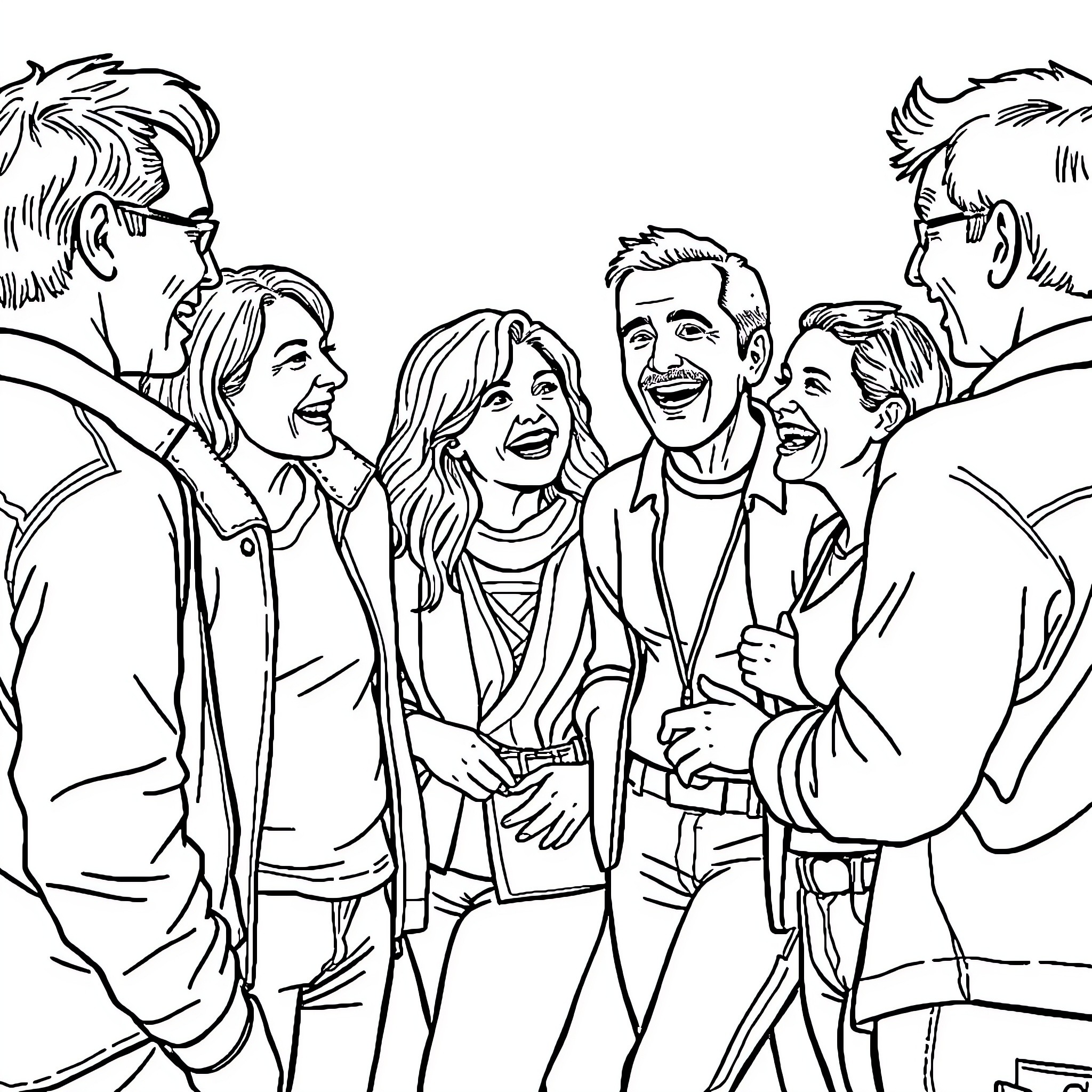 Adult friends gathering together smiling and laughing Coloring Page (free black-and-white line drawing printable PDF for all, from beginners to advanced learners, including children, teens, adults, and seniors)