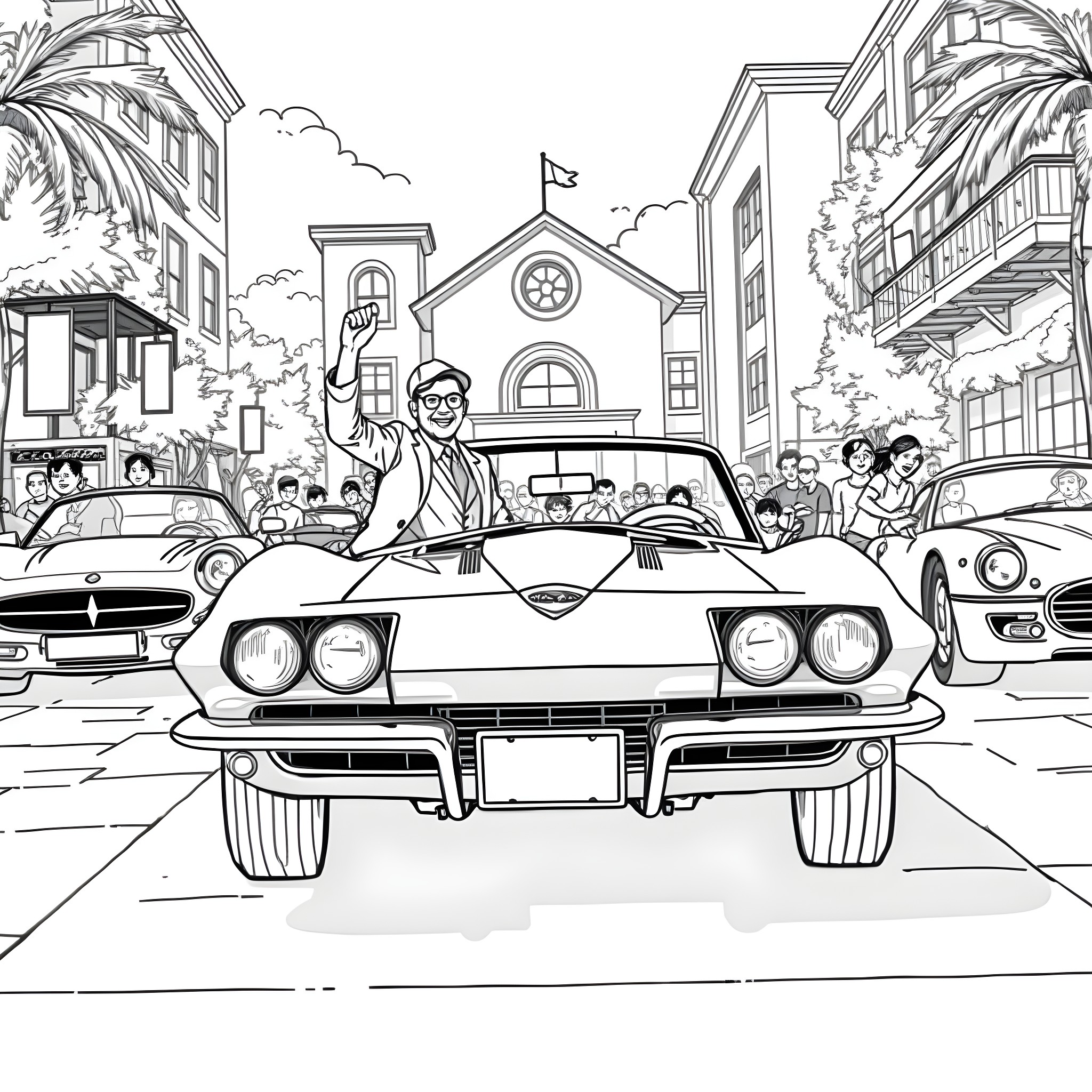 Corvette cruising through a lively city street Coloring Page (free black-and-white line drawing printable PDF for all, from beginners to advanced learners, including children, teens, adults, and seniors)