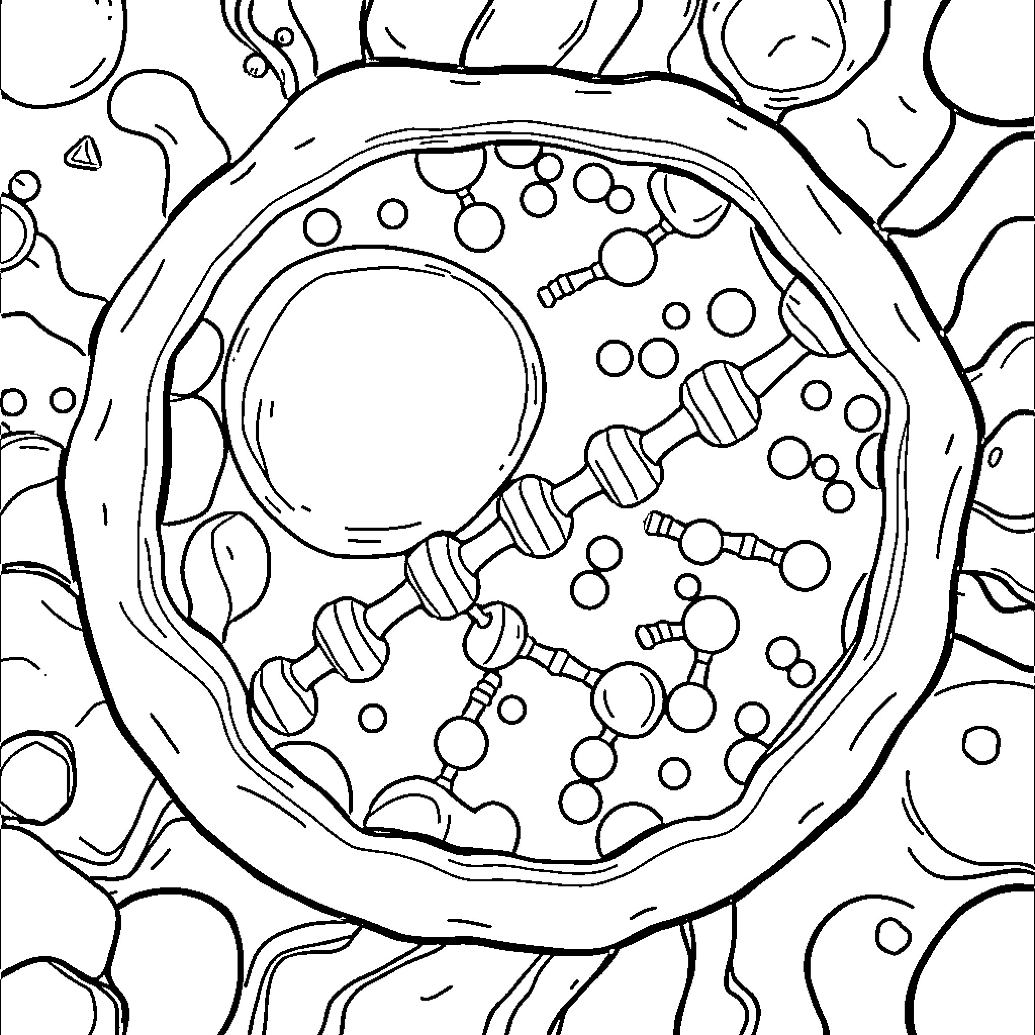 Protein Synthesis in Biological Processes Coloring Page (free black-and-white line drawing printable PDF for all, from beginners to advanced learners, including children, teens, adults, and seniors)