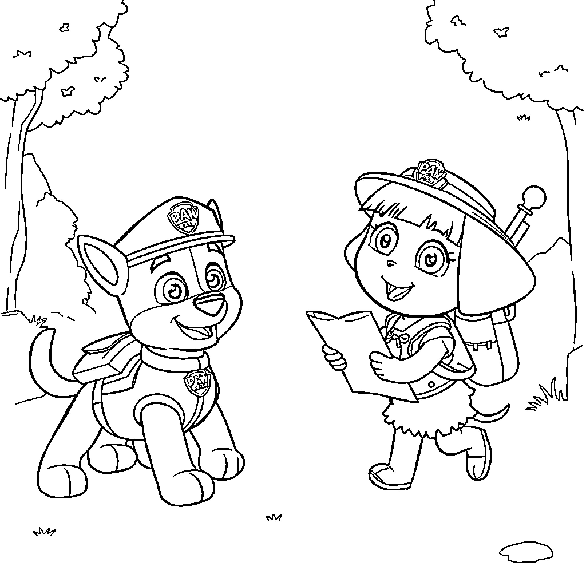 Paw Patrol characters in the outdoors Coloring Page (free black-and-white line drawing printable PDF for all, from beginners to advanced learners, including children, teens, adults, and seniors)