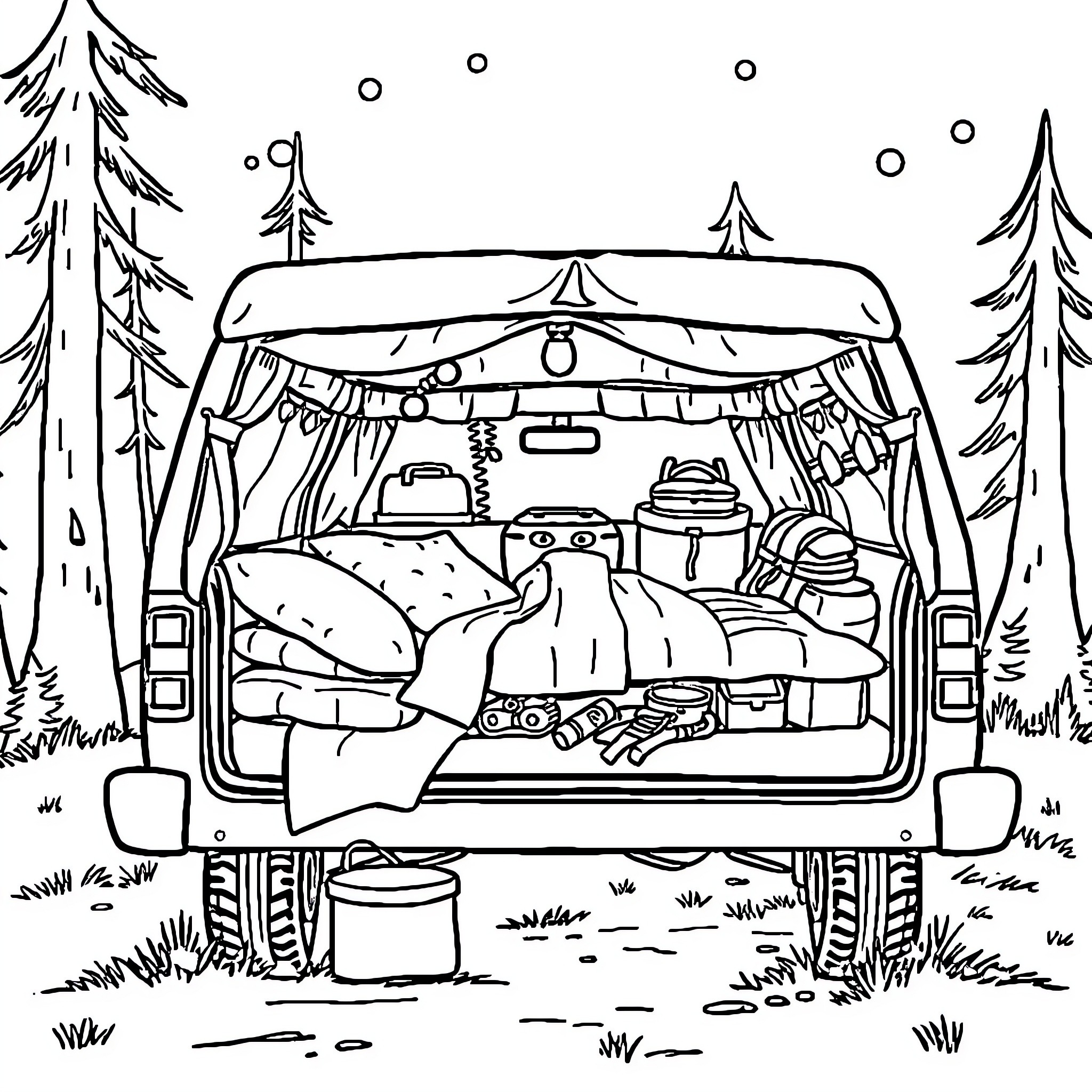 Camping Car Packed for Outdoor Adventure Coloring Page (free black-and-white line drawing printable PDF for all, from beginners to advanced learners, including children, teens, adults, and seniors)