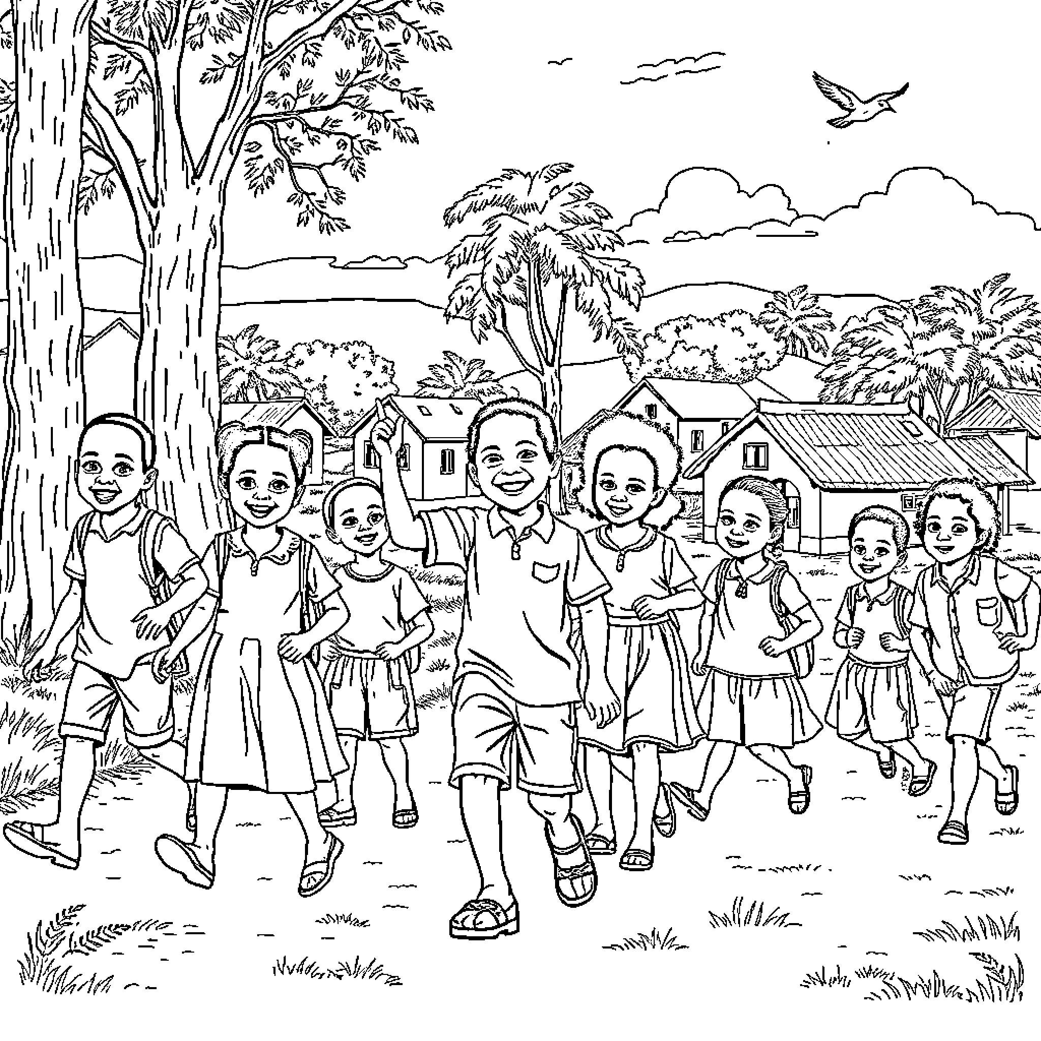 Children playing joyfully in a rural village Coloring Page (free black-and-white line drawing printable PDF for all, from beginners to advanced learners, including children, teens, adults, and seniors)
