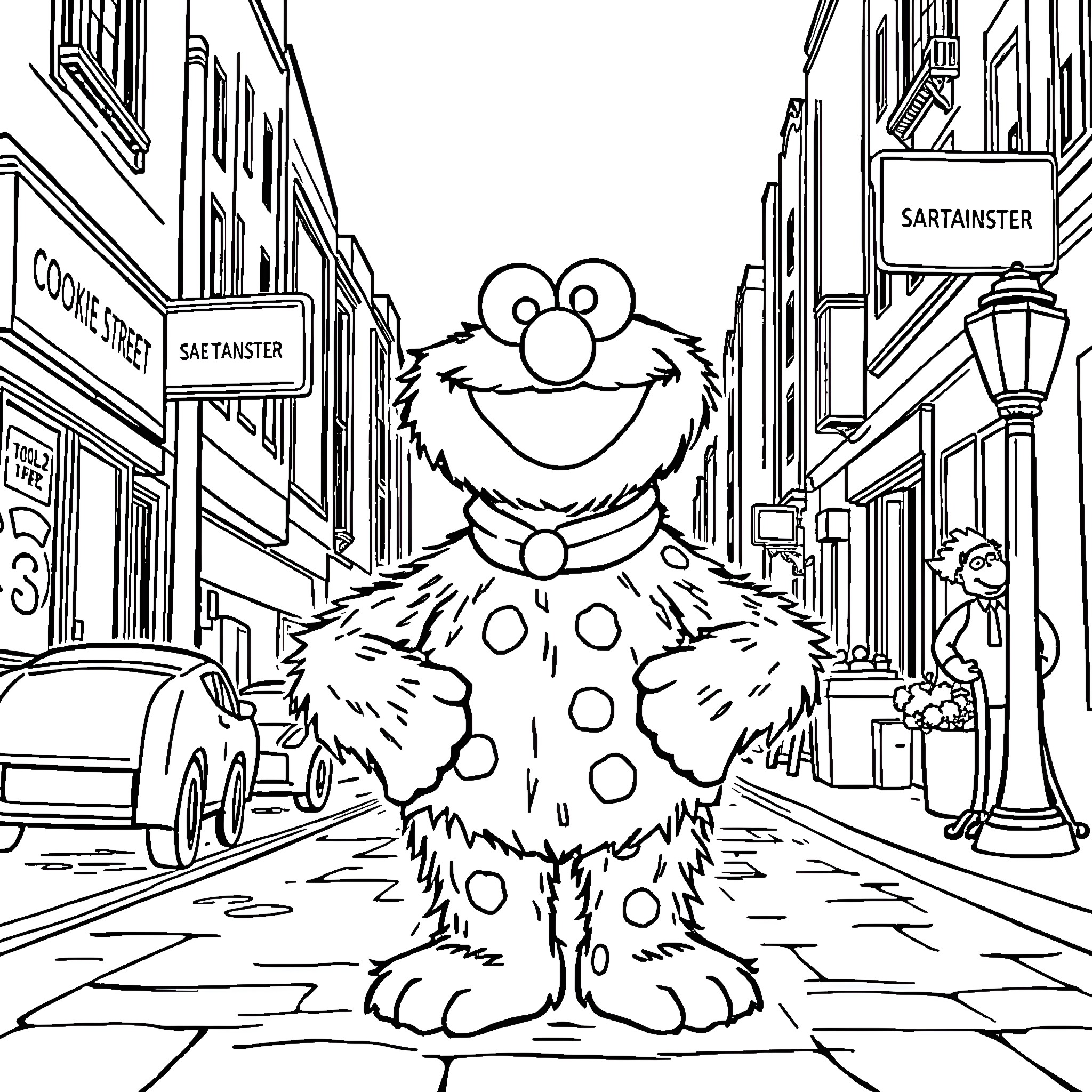 Cookie Monster enjoying a colorful day in the city Coloring Page (free black-and-white line drawing printable PDF for all, from beginners to advanced learners, including children, teens, adults, and seniors)