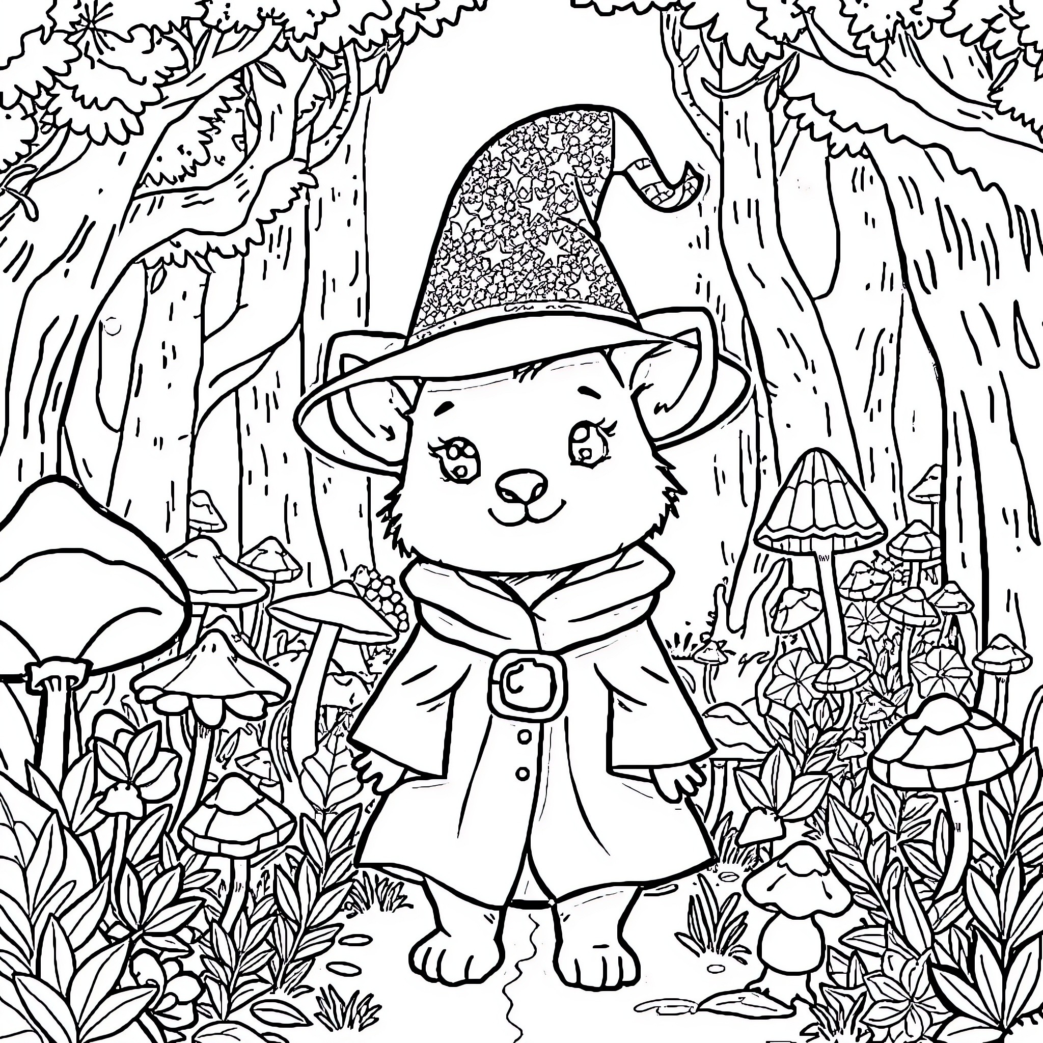 Animal Wizard Cat in Enchanted Forest Coloring Page (free black-and-white line drawing printable PDF for all, from beginners to advanced learners, including children, teens, adults, and seniors)