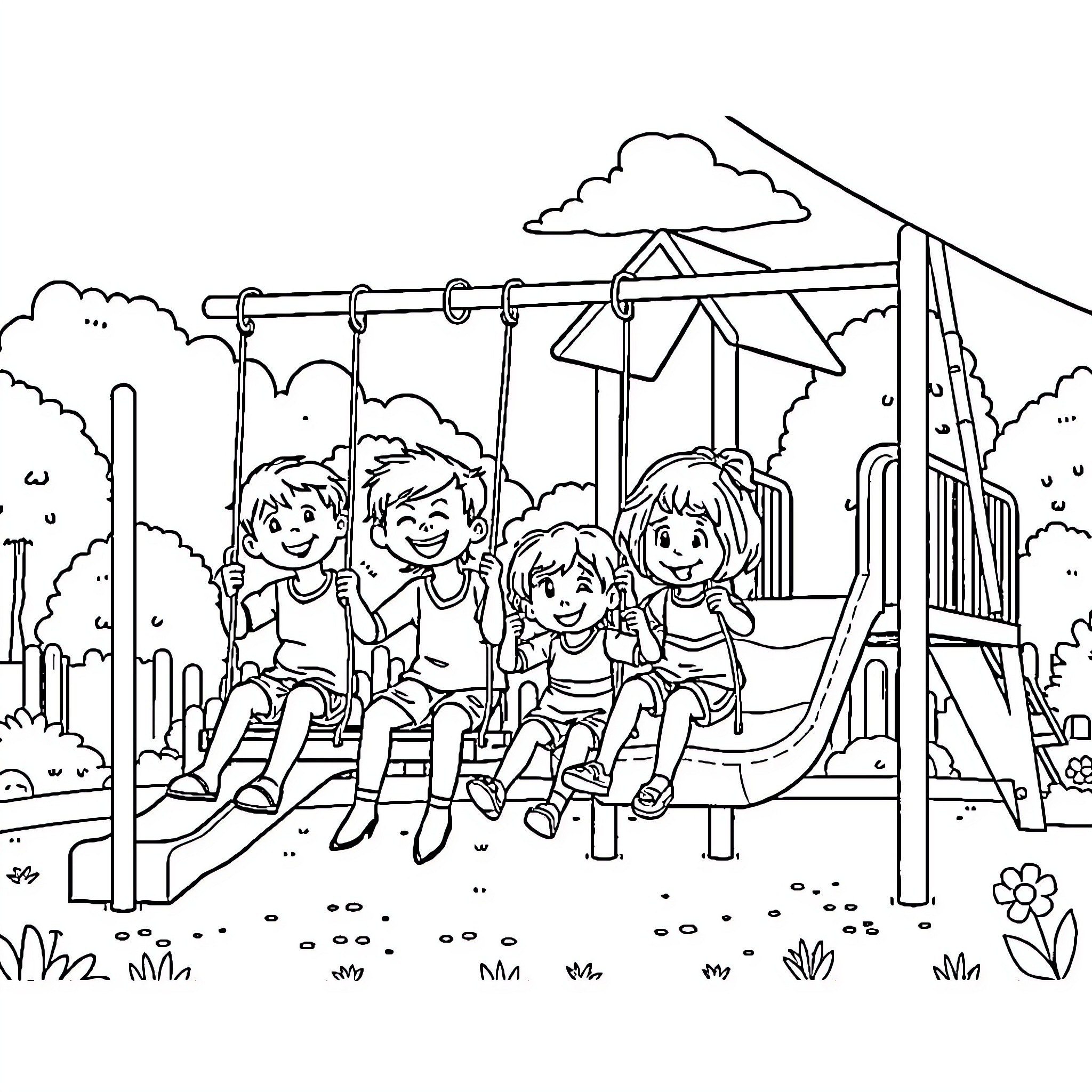 Kid's Playful Afternoon at the Playground Coloring Page (free black-and-white line drawing printable PDF for all, from beginners to advanced learners, including children, teens, adults, and seniors)