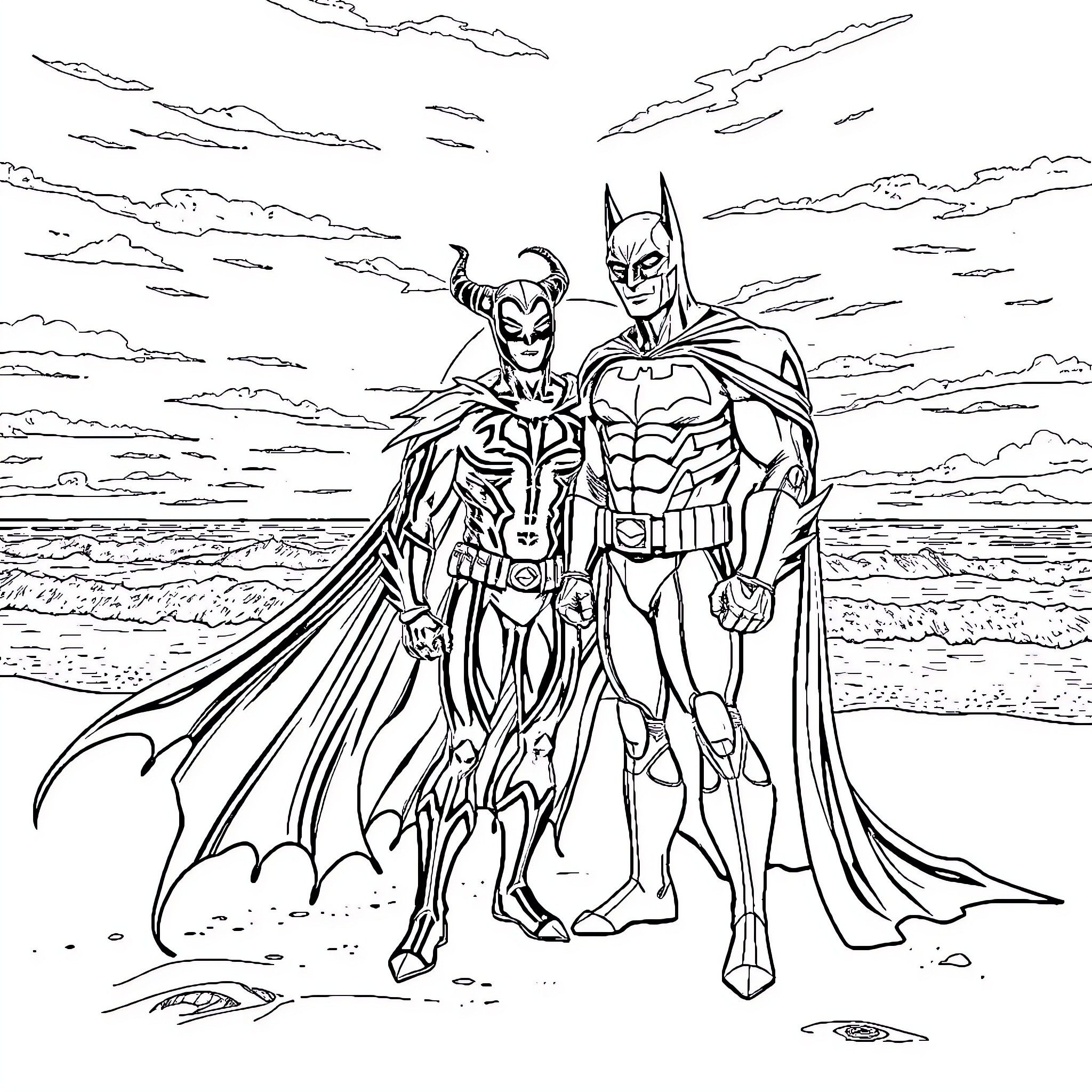 Spawn of the Bat Heroes on the Horizon Coloring Page (free black-and-white line drawing printable PDF for all, from beginners to advanced learners, including children, teens, adults, and seniors)