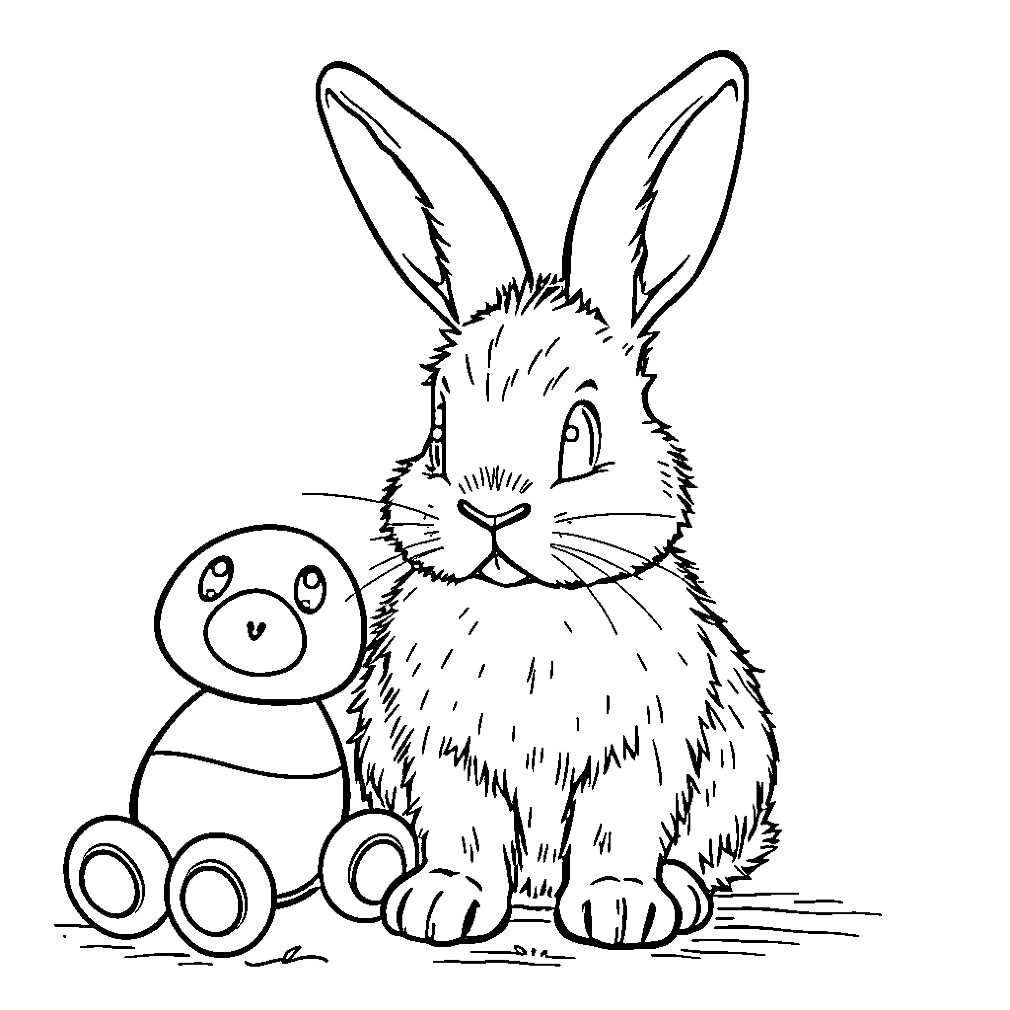 Bunny and toy friend enjoying each other's company Coloring Page (free black-and-white line drawing printable PDF for all, from beginners to advanced learners, including children, teens, adults, and seniors)