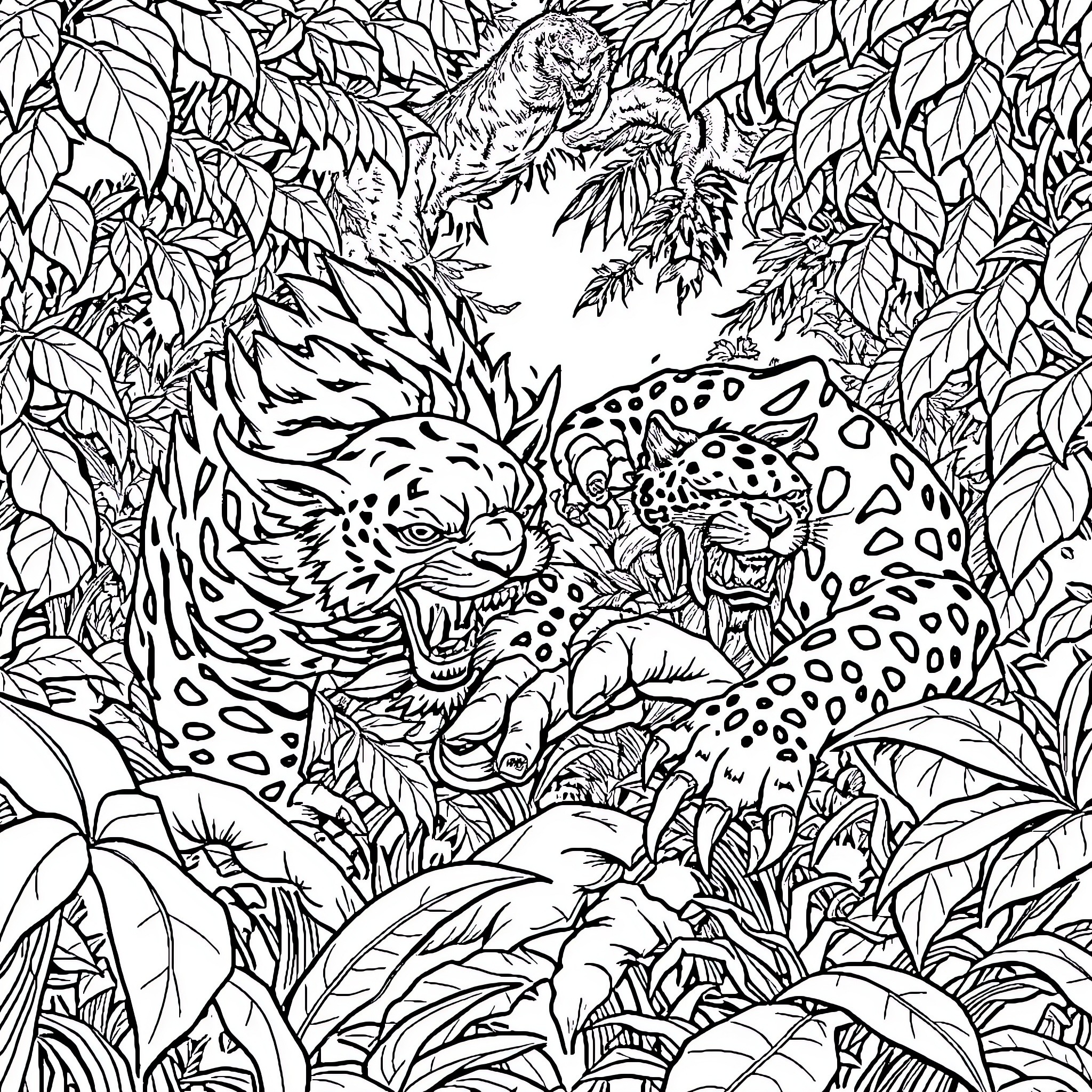 Tiger roaring fiercely in dense jungle Coloring Page (free black-and-white line drawing printable PDF for all, from beginners to advanced learners, including children, teens, adults, and seniors)