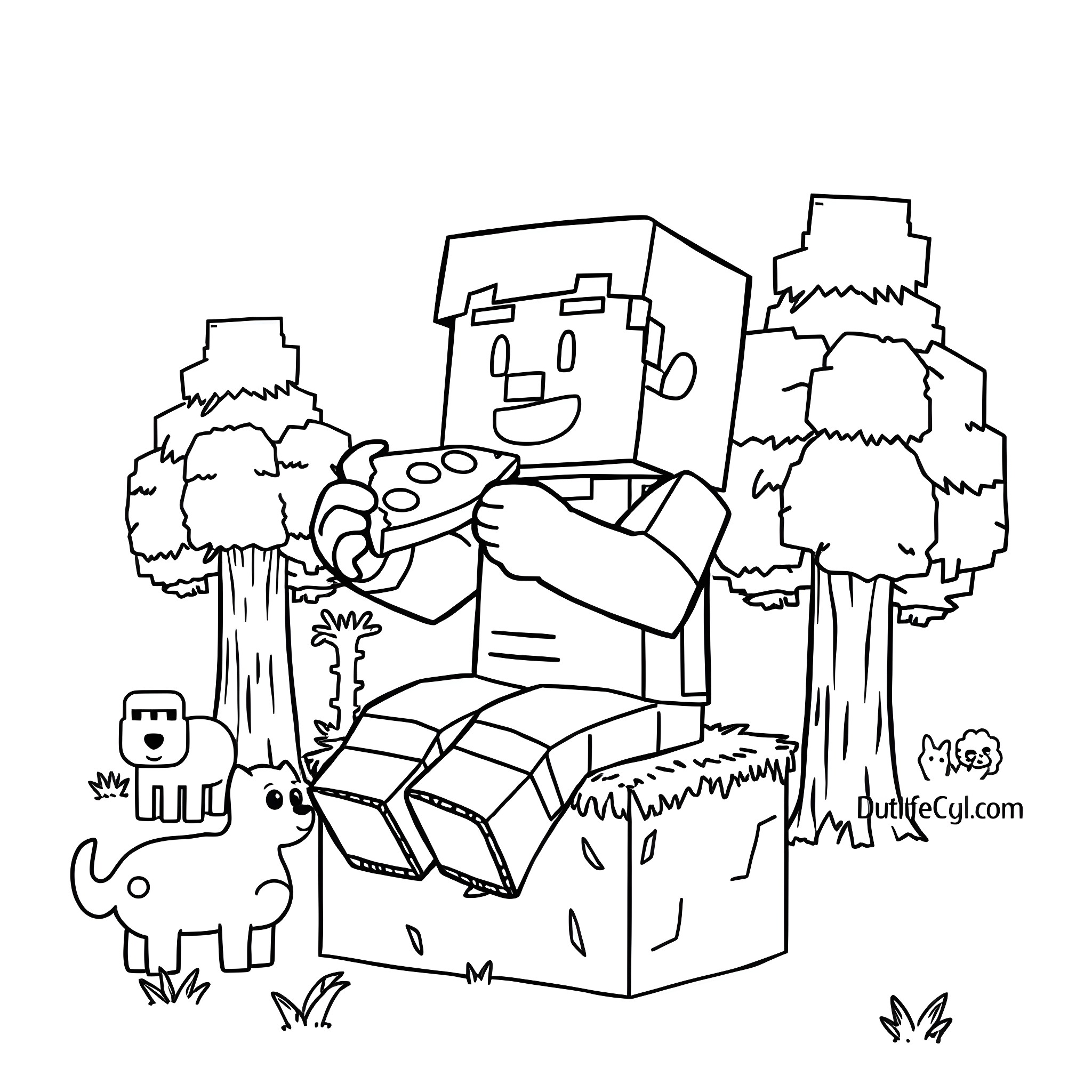 Steve's Playful Adventure in the Blocky Wilderness Coloring Page (free black-and-white line drawing printable PDF for all, from beginners to advanced learners, including children, teens, adults, and seniors)