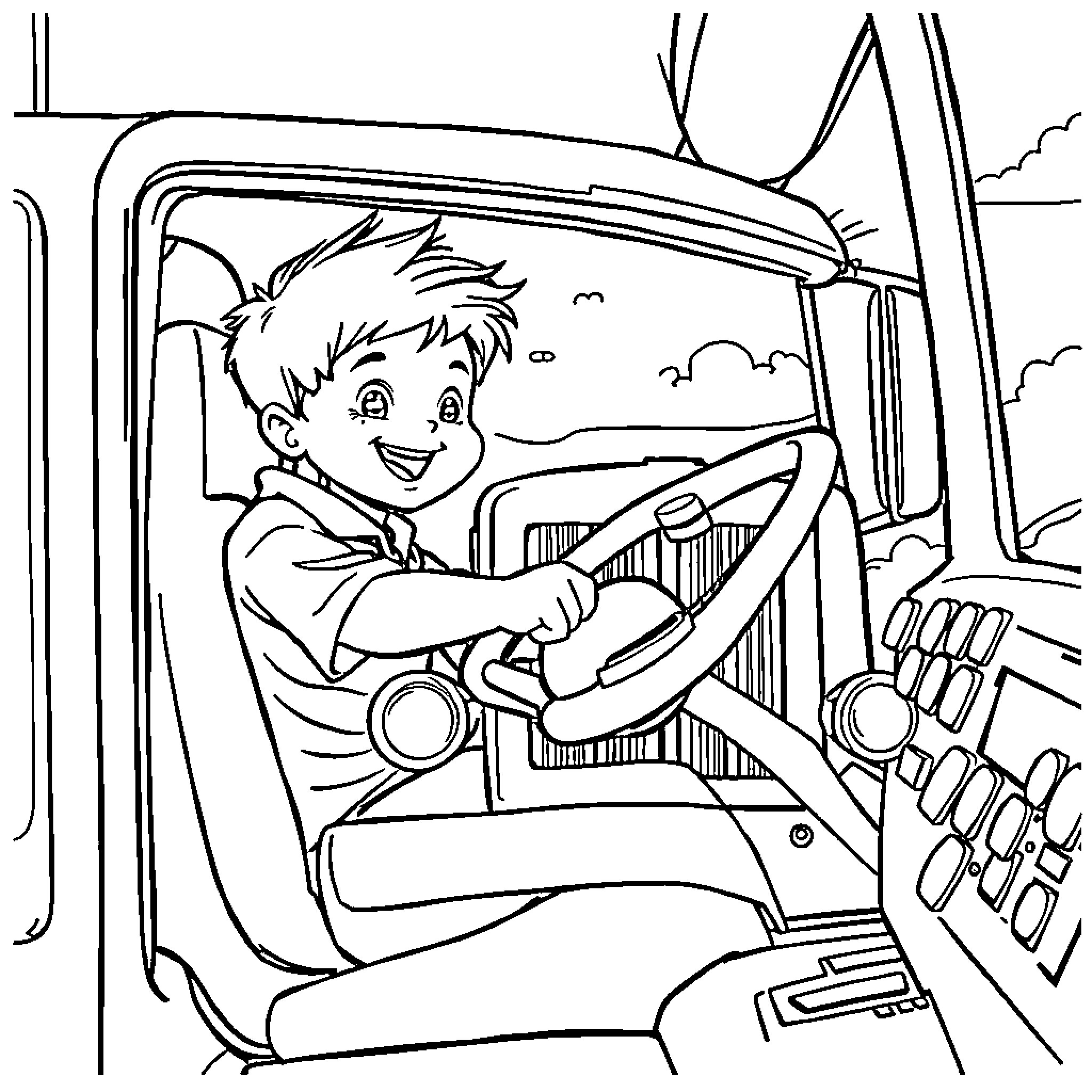 Boy driving a vehicle happily on the road Coloring Page (free black-and-white line drawing printable PDF for all, from beginners to advanced learners, including children, teens, adults, and seniors)