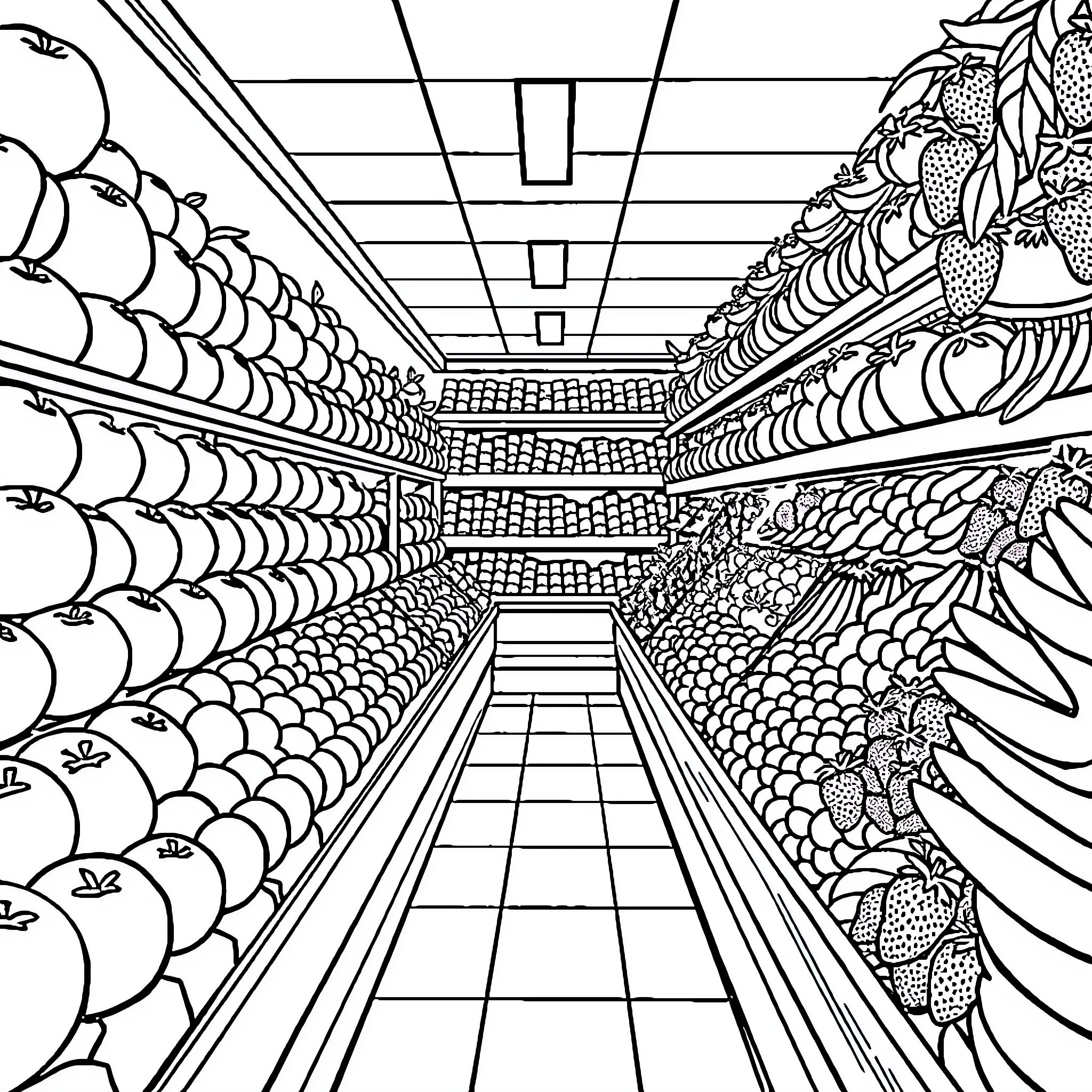Fruit Aisle in Fantastical Supermarket Coloring Page (free black-and-white line drawing printable PDF for all, from beginners to advanced learners, including children, teens, adults, and seniors)