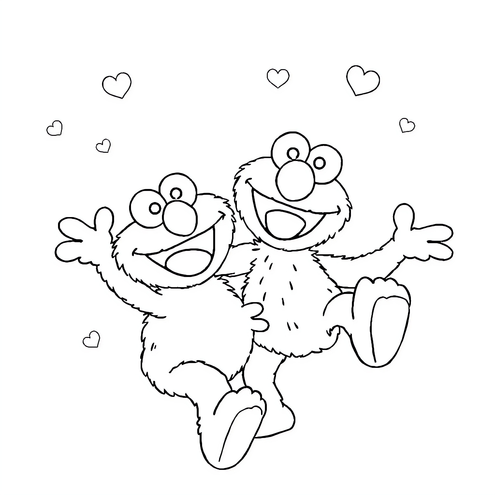 Cookie Monster joyfully jumping with hearts Coloring Page (free black-and-white line drawing printable PDF for all, from beginners to advanced learners, including children, teens, adults, and seniors)