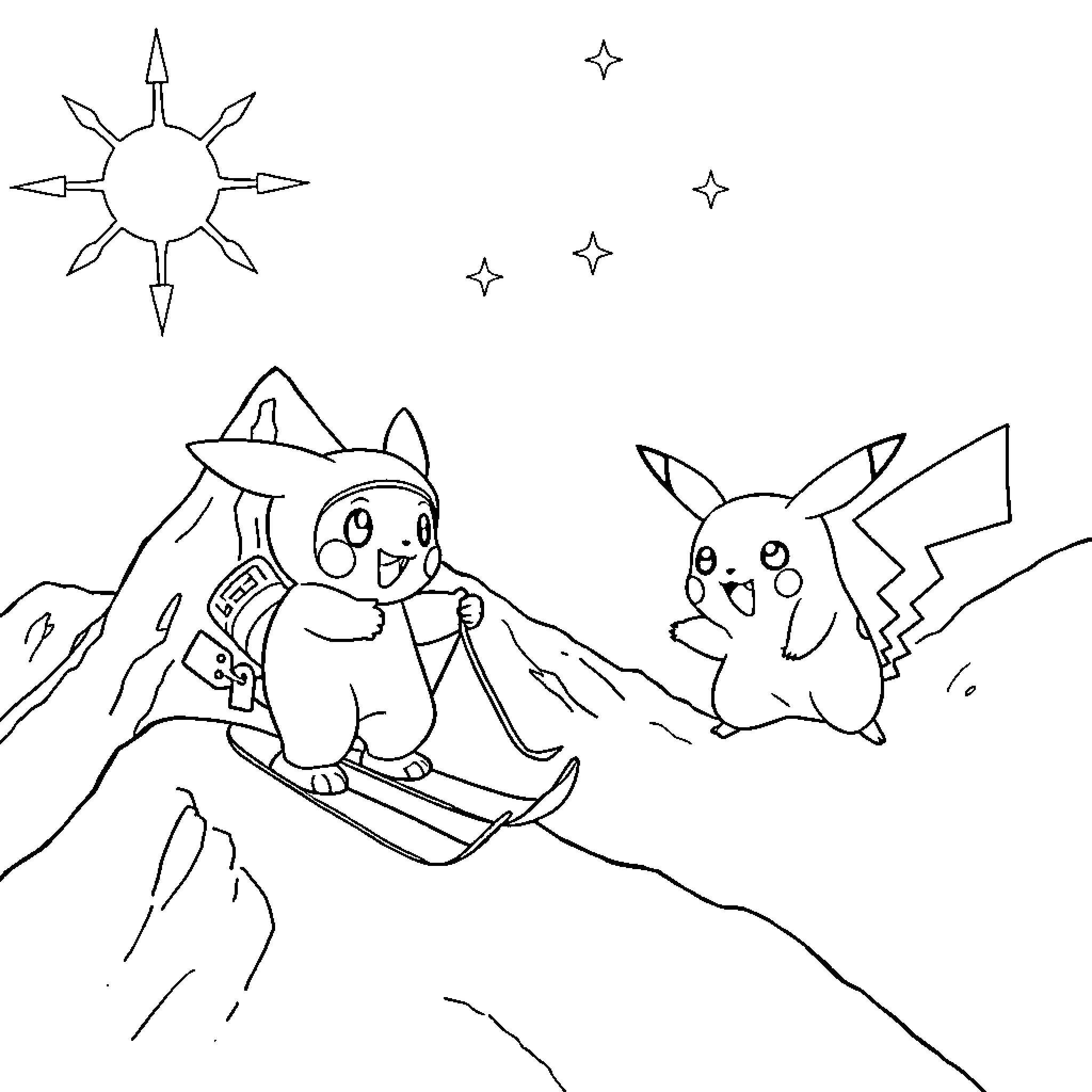 Pocoyo enjoying winter sports with Pikachu Coloring Page (free black-and-white line drawing printable PDF for all, from beginners to advanced learners, including children, teens, adults, and seniors)