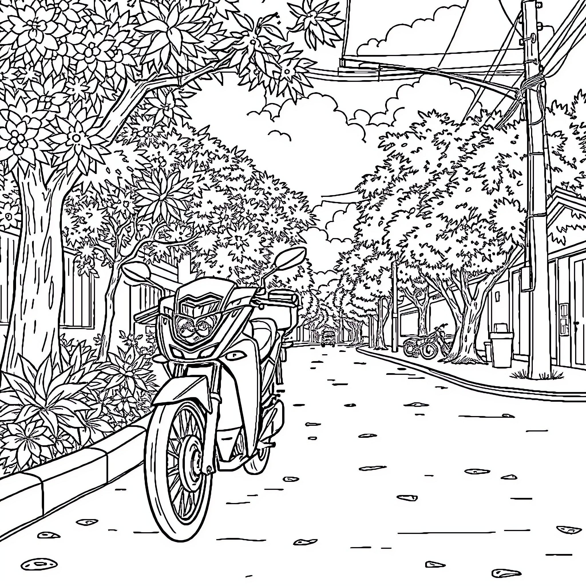 Bicycle riding through a peaceful town scene Coloring Page (free black-and-white line drawing printable PDF for all, from beginners to advanced learners, including children, teens, adults, and seniors)