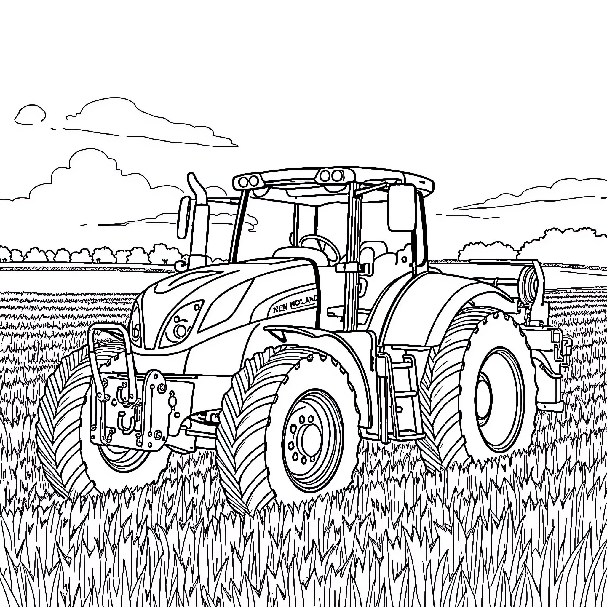 Farmer operating modern tractor in field Coloring Page (free black-and-white line drawing printable PDF for all, from beginners to advanced learners, including children, teens, adults, and seniors)