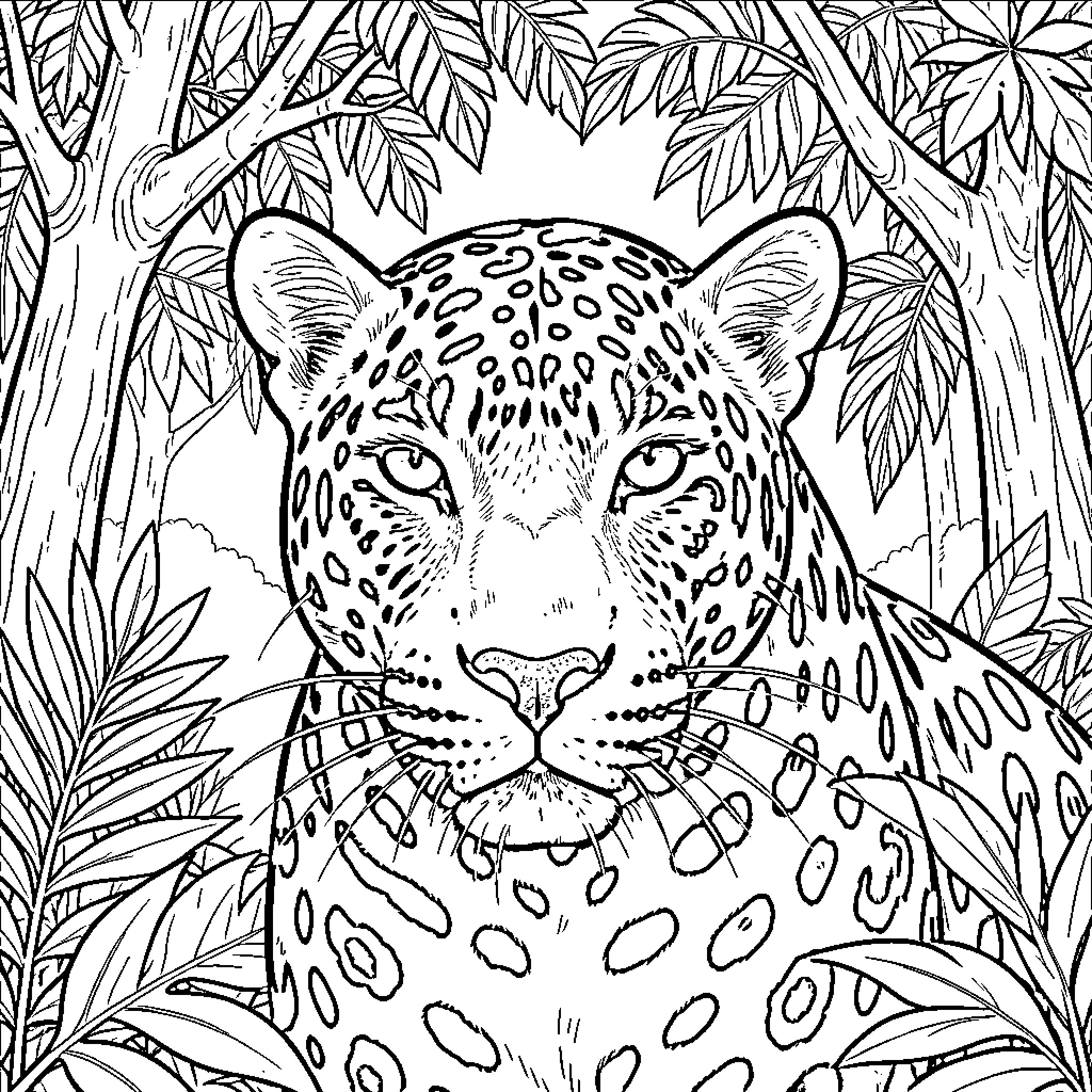 Jaguar resting calmly amidst dense tropical jungle foliage Coloring Page (free black-and-white line drawing printable PDF for all, from beginners to advanced learners, including children, teens, adults, and seniors)