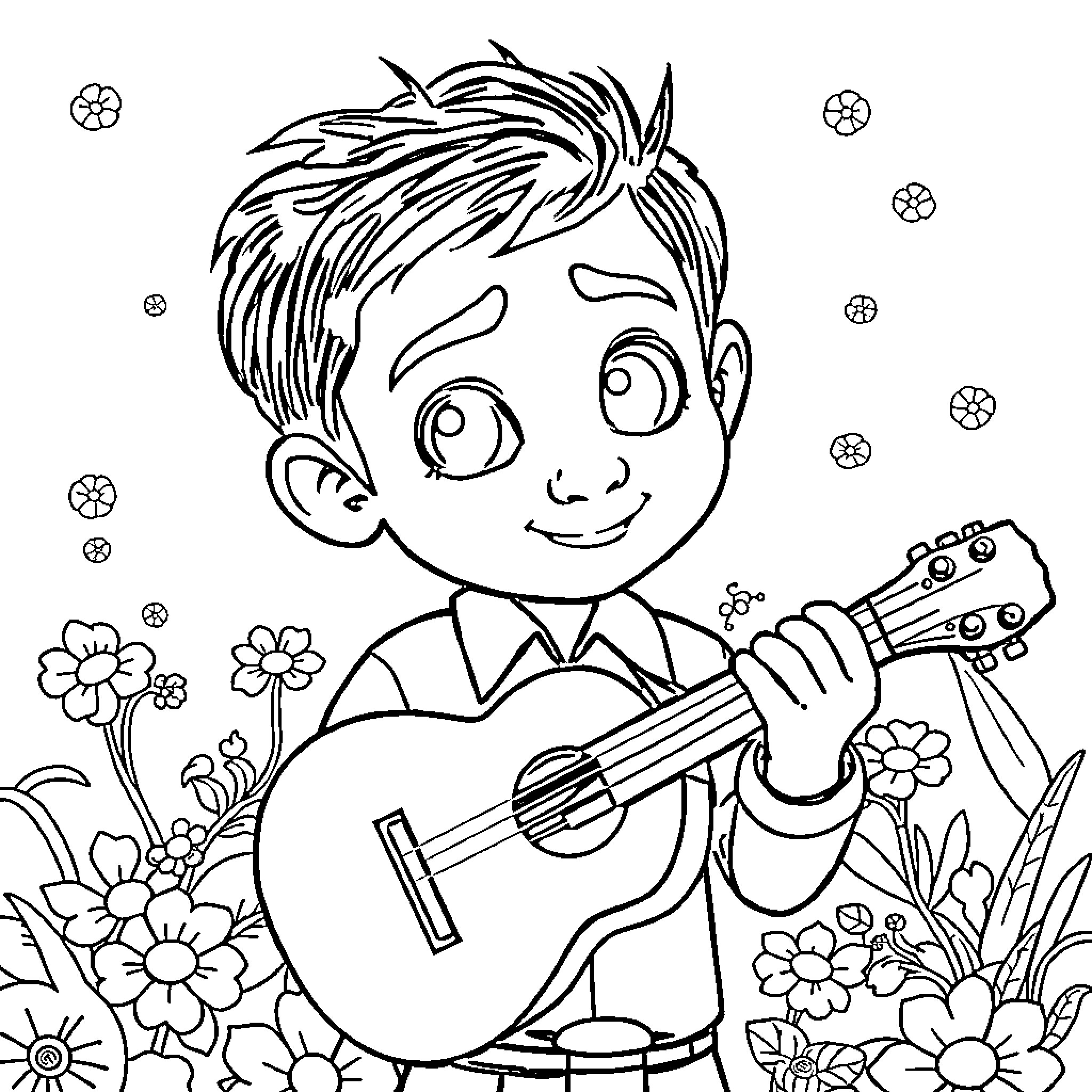 Coco's Musical Delight in the Garden Coloring Page (free black-and-white line drawing printable PDF for all, from beginners to advanced learners, including children, teens, adults, and seniors)