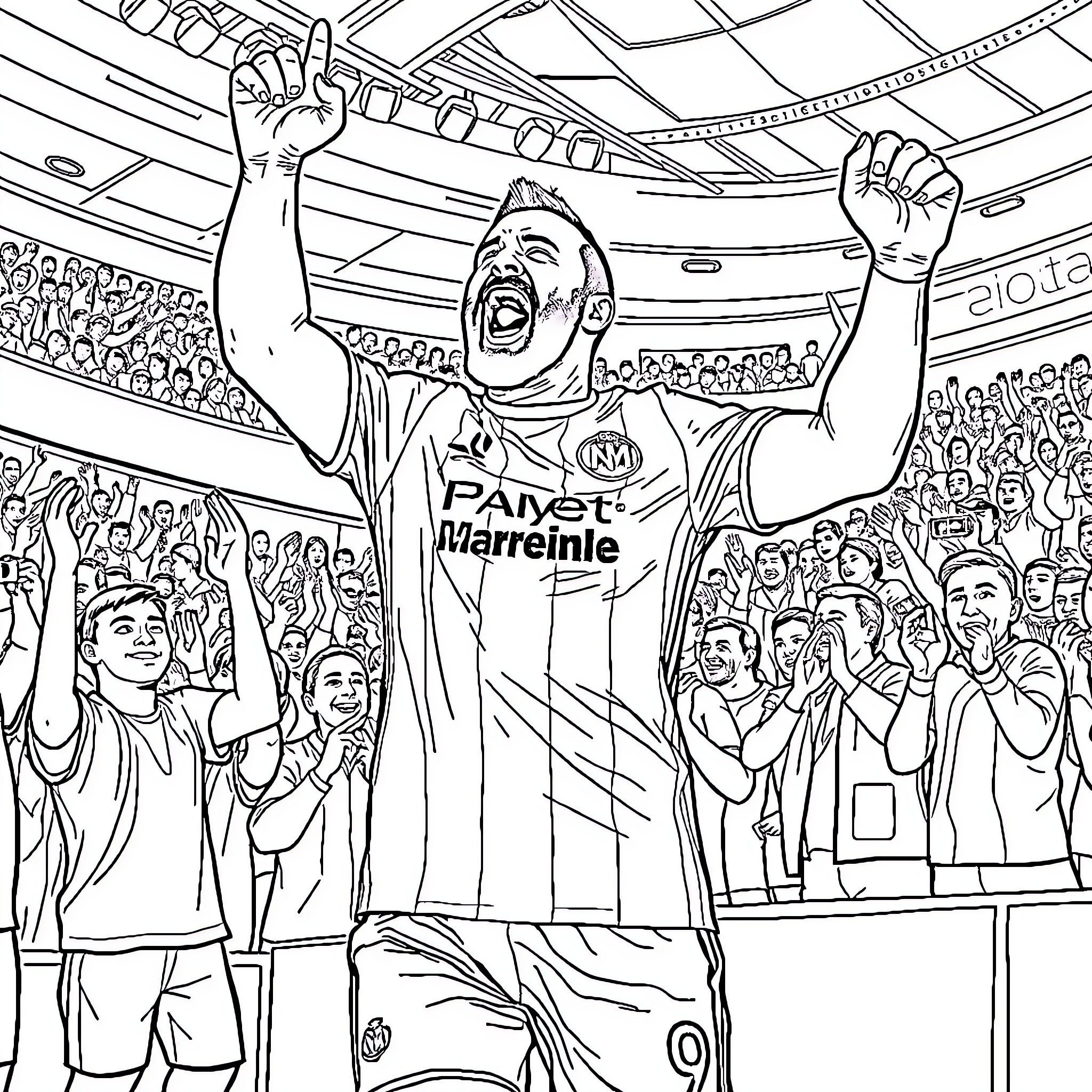 Dimitri Payet celebrates after scoring a goal in a stadium Coloring Page (free black-and-white line drawing printable PDF for all, from beginners to advanced learners, including children, teens, adults, and seniors)