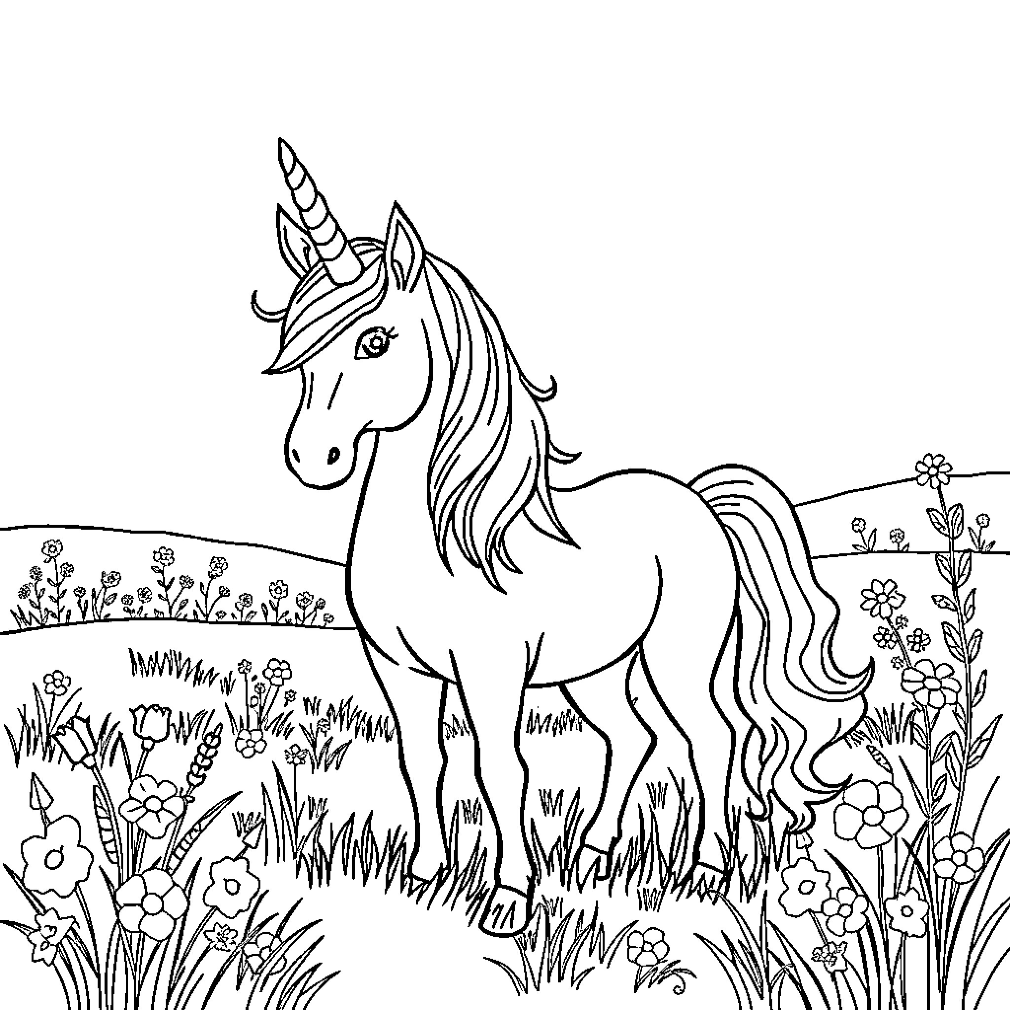Unicorn standing amidst floral field Coloring Page (free black-and-white line drawing printable PDF for all, from beginners to advanced learners, including children, teens, adults, and seniors)