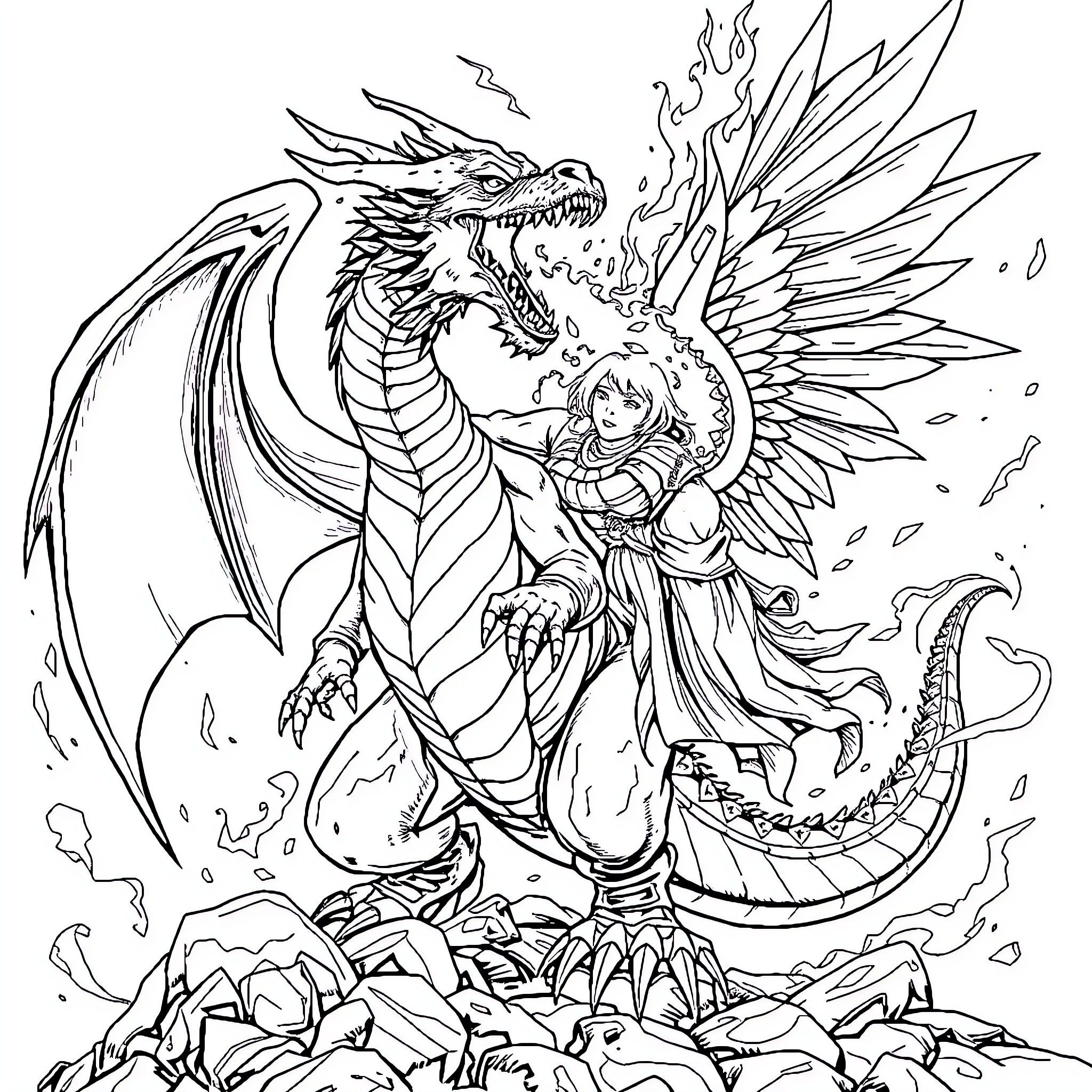 Dragon warrior battling a fierce dragon Coloring Page (free black-and-white line drawing printable PDF for all, from beginners to advanced learners, including children, teens, adults, and seniors)