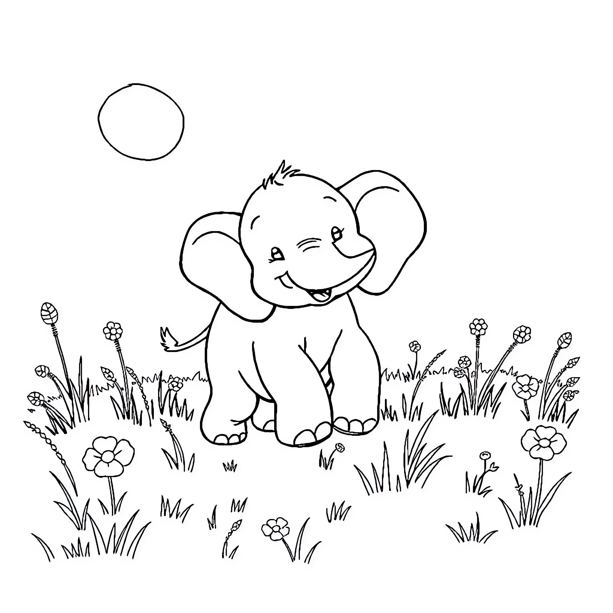 Elephant playing happily in the meadow Coloring Page (free black-and-white line drawing printable PDF for all, from beginners to advanced learners, including children, teens, adults, and seniors)
