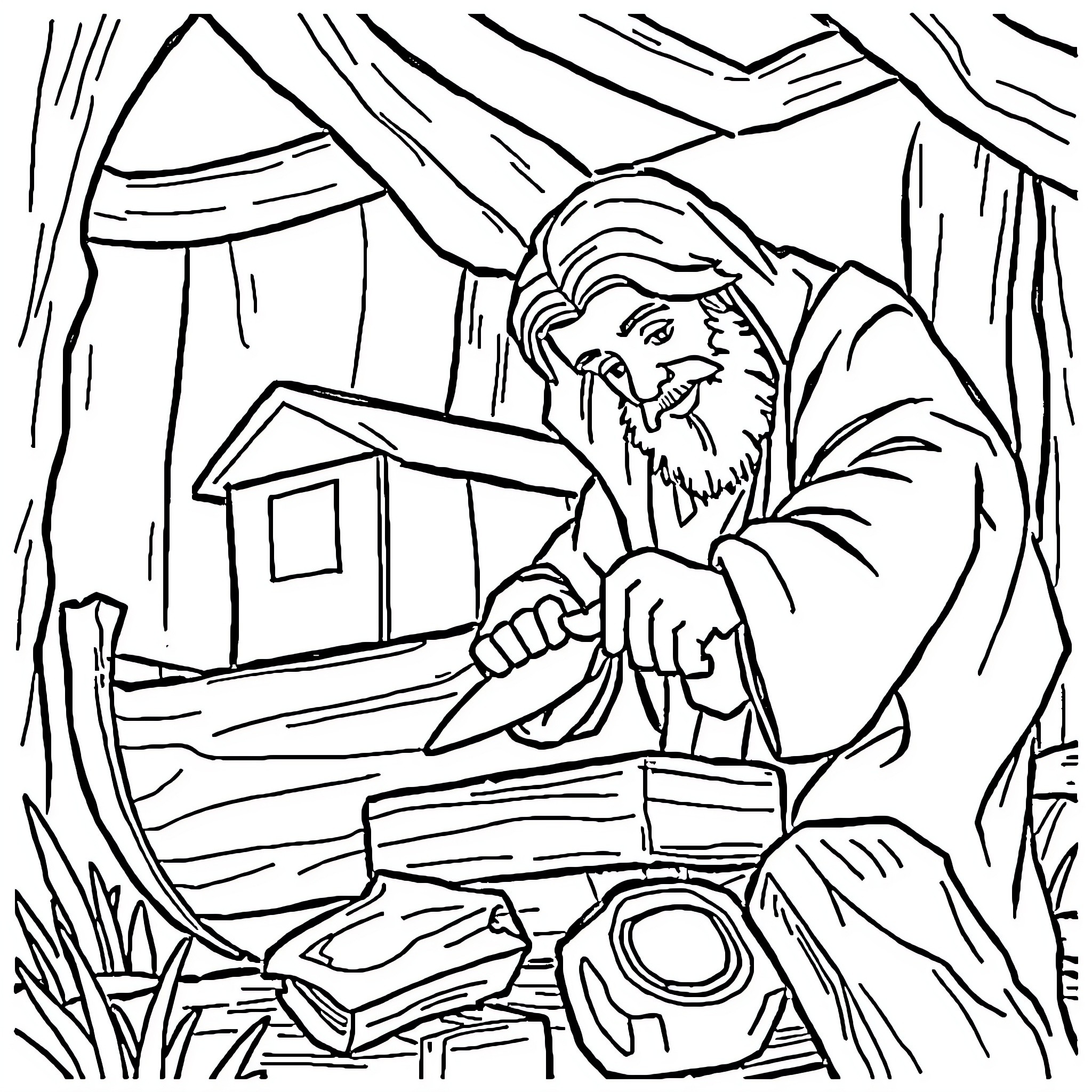 Noah building an ark amidst the wilderness Coloring Page (free black-and-white line drawing printable PDF for all, from beginners to advanced learners, including children, teens, adults, and seniors)