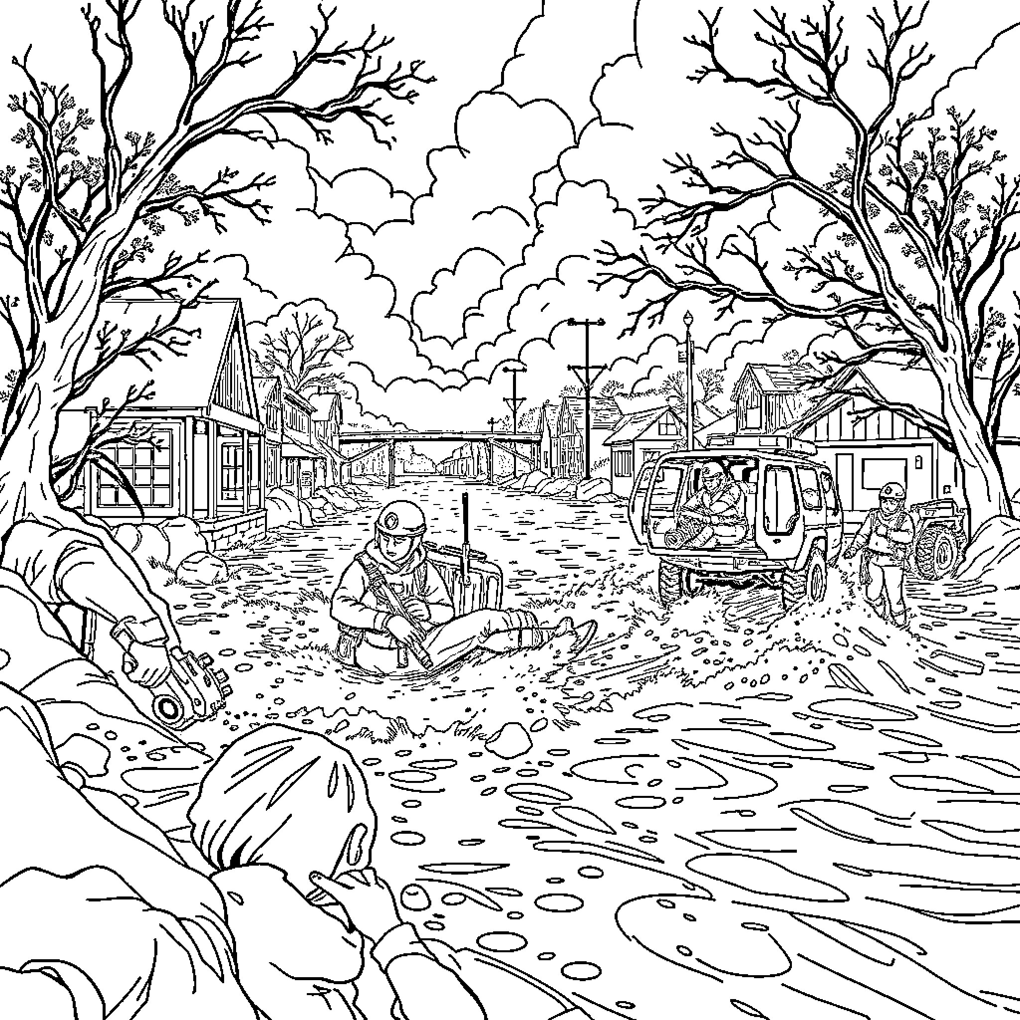 Search and Rescue Operation in Flooded Town Coloring Page (free black-and-white line drawing printable PDF for all, from beginners to advanced learners, including children, teens, adults, and seniors)