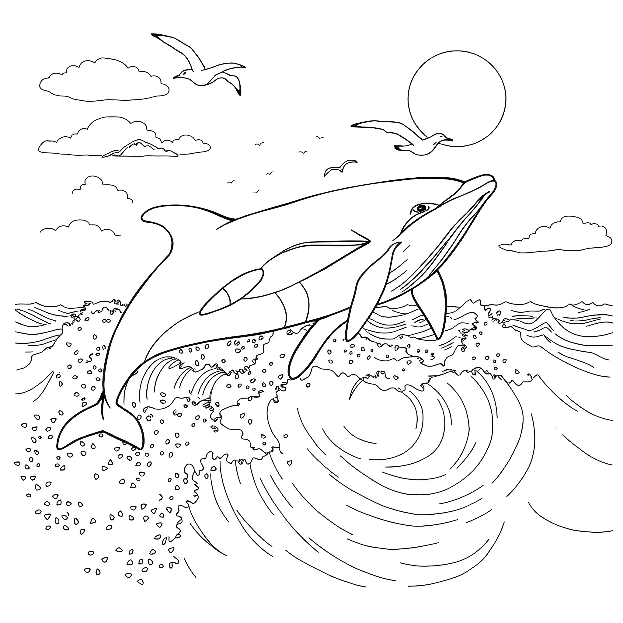 Ocean scene with jumping dolphin and seagulls Coloring Page (free black-and-white line drawing printable PDF for all, from beginners to advanced learners, including children, teens, adults, and seniors)