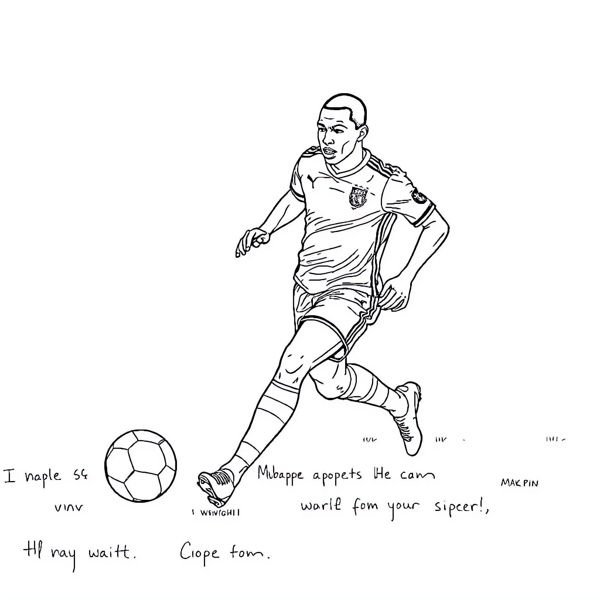 Mbape appears the camp with soccer ball Coloring Page (free black-and-white line drawing printable PDF for all, from beginners to advanced learners, including children, teens, adults, and seniors)
